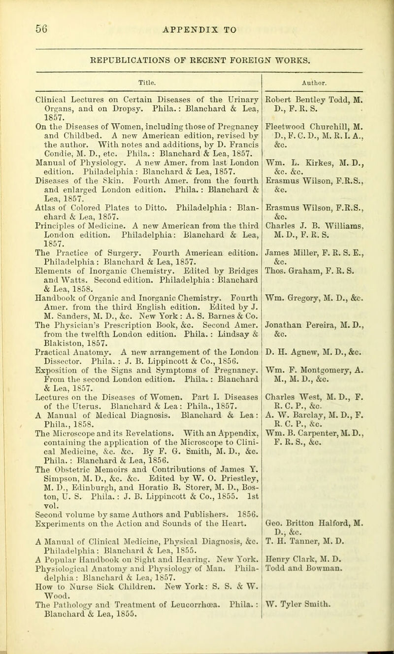 EEPUBLICATIONS OF DECENT FOREIGN WORKS. Title. Author. Clinical Lectures on Certain Diseases of the Urinary Organs, and on Dropsy. Phila.: Blanchard & Lea, 1857. On the Diseases of Women, including those of Pregnancy and Childbed. A new American edition, revised by the author. With notes and additions, by D. Francis Condie, M. D., etc. Phila.: Blanchard & Lea, 1857. Manual of Physiology. A new Amer. from last London edition. Philadelphia ; Blanchard & Lea, 1857. Diseases of the Skin. Fourth Amer. from the fourth and enlarged London edition. Phila.; Blanchard & Lea, 1857. Atlas of Colored Plates to Ditto. Philadelphia : Blan- chard & Lea, 1857. Principles of Medicine. A new American from the third London edition. Philadelphia: Blanchard & Lea, 1857. The Practice of Surgery. Fourth American edition. Philadelphia : Blanchard & Lea, 1857. Elements of Inorganic Chemistry. Edited by Bridges and Watts. Second edition. Philadelphia: Blanchard & Lea, 1858. Handbook of Organic and Inorganic Chemistry. Fourth Amer. from the third English edition. Edited by .1. M. Sanders, M. D., &c. New York : A. S. Barnes & Co. The Physician’s Prescription Book, &c. Second Amer. from the twelfth London edition. Phila.: Lindsay & Blakiston, 1857. Practical Anatomy. A new arrangement of the London Dissector. Phila. : J. B. Lippincott & Co., 1856. Exposition of the Signs and Symptoms of Pregnancy. From the second London edition. Phila.: Blanchard & Lea, 1857. Lectures on the Diseases of Women. Part I. Diseases of the Uterus. Blanchard & Lea: Phila., 1857. A Manual of Medical Diagnosis. Blanchard & Lea; Phila., 1858. Tlie Microscope and its Revelations. With an Appendix, containing the application of the Microscope to Clini- cal Medicine, &c. &c. By F. G. Smith, M. D., &c. Phila.: Blanchard & Lea, 1856. The Obstetric Memoirs and Contributions of James Y. Simpson, M. D., &c. &c. Edited by W. 0. Priestley, M. D., Edinburgh, and Horatio B. Storer, M. D., Bos- ton, U. S. Phila.: J. B. Lippincott & Co., 1855. 1st vol. Second volume by same Authors and Publishers. 1856. Experiments on the Action and Sounds of the Heart. A Manual of Clinical Medicine, Physical Diagnosis, &c. Philadelphia; Blanchard & Lea, 1855. A Popular Handbook on Sight and Hearing. New York. Physiological Anatomy and Pliysiology of Man. Phila- delpliia: Blanchard & Lea, 1857. How to Nurse Sick Children. New York: S. S. & W. Wood. The Pathology and Treatment of Leucorrhooa. Phila. : Blanchard & Lea, 1855. Robert Bentley Todd, M. D., F. R. S. Fleetwood Churchill, M. D.,F.C.D., M. R.I. A., &c. Wm. L. Kirkes, M. D., &c. &c. Erasmus Wilson, F.R.S., &c. Erasmus Wilson, F.R.S., &c. Charles J. B. Williams. M. D., F. R. S. James Miller, F. R. S. E., &c. Thos. Graham, F. R. S. Wm. Gregory, M. D., &c. Jonathan Pereira, M. D., &c. D. H. Agnew, M. D., &c. Wm. F. Montgomery, A. M., M. D., &c. Charles West, M. D., F. R.C.P., &c. A. W. Barclay, M. D., F. R. C. P., &c. Wm. B. Carpenter, M. D., F. R. S., &c. Geo. Britton Halford, M. D., &c. T. H. Tanner, M. D. Henry Clark, M. D. Todd and Bowman. W. Tyler Smith.