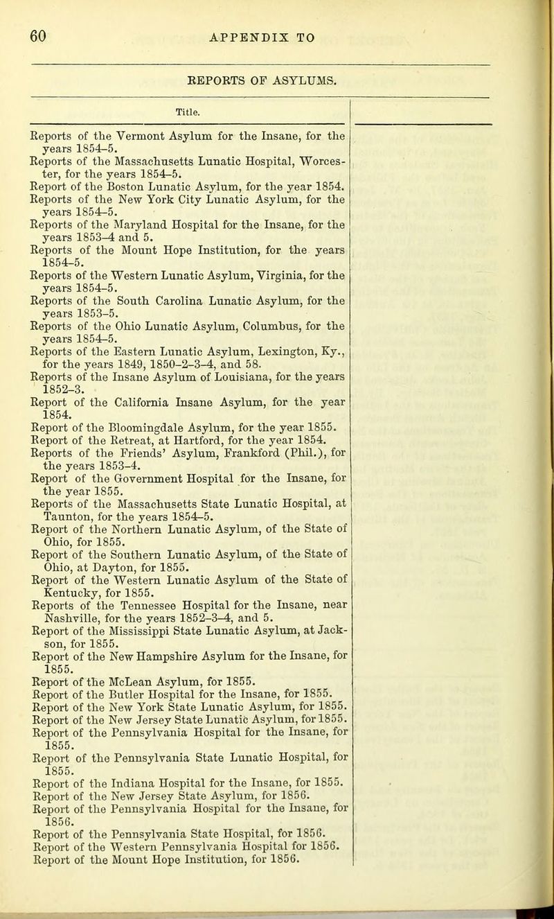 KEPORTS OF ASYLUMS. Title. Reports of the Vermont Asylum for the Insane, for tire years 1854-5. Reports of the Massachusetts Lunatic Hospital, Worces- ter, for the years 1854-5. Report of the Boston Lunatic Asylum, for the year 1854. Reports of the New York City Lunatic Asylum, for the years 1854-5. Reports of the Maryland Hospital for the Insane, for the years 1853^ and 5. Reports of the Mount Hope Institution, for the years 1854-5. Reports of the Western Lunatic Asylum, Virginia, for the years 1854-5. Reports of the South Carolina Lunatic Asylum, for the years 1853-5. Reports of the Ohio Lunatic Asylum, Columbus, for the years 1854^5. Reports of the Eastern Lunatic Asylum, Lexington, Ky., for the years 1849,1850-2-3-4, and 58. Reports of the Insane Asylum of Louisiana, for the years 1852-3. Report of the California Insane Asylum, for the year 1854. Report of the Bloomingdale Asylum, for the year 1855. Report of the Retreat, at Hartford, for the year 1854. Reports of the Friends’ Asylum, Frankford (Phil.), for the years 1853-4. Report of the Government Hospital for the Insane, for the year 1855. Reports of the Massachusetts State Lunatic Hospital, at Taunton, for the years 1854^5. Report of the Northern Lunatic Asylum, of the State of Ohio, for 1855. Report of the Southern Lunatic Asylum, of the State of Ohio, at Dayton, for 1855. Report of the Western Lunatic Asylum of the State of Kentucky, for 1855. Reports of the Tennessee Hospital for the Insane, near Nashville, for the years 1852-3^, and 5. Report of the Mississippi State Lunatic Asylum, at Jack- son, for 1855. Report of the New Hampshire Asylum for the Insane, for 1855. Report of the McLean Asylum, for 1855. Report of the Butler Hospital for the Insane, for 1855. Report of the New York State Lunatic Asylum, for 1855. Report of the New Jersey State Lunatic Asylum, for 1855. Report of the Pennsylvania Hospital for the Insane, for 1855. Report of the Pennsylvania State Lunatic Hospital, for 1855. Report of the Indiana Hospital for the Insane, for 1855. Report of the New Jersey State Asylum, for 1856. Report of the Pennsylvania Hospital for the Insane, for 1856. Report of the Pennsylvania State Hospital, for 1856. Report of the Western Pennsylvania Hospital for 1856. Report of the Mount Hope Institution, for 1856.
