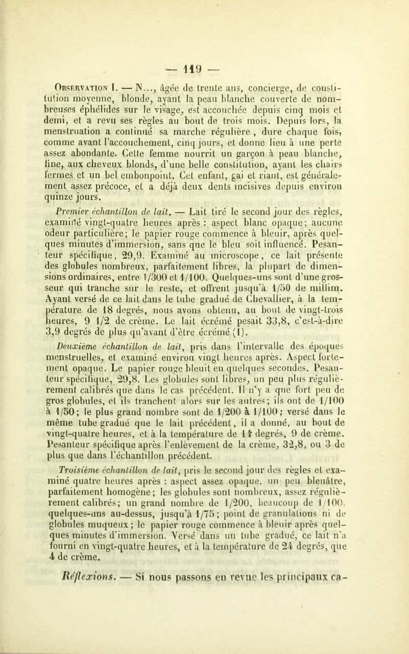 Observation I. — N..., âgée de trente ans, concierge, de consti- tution moyenne, blonde, ayant la peau blanche couverte de nom- breuses éphélides sur le visage, est accouchée depuis cinq mois et demi, et a revu ses règles au bout de trois mois. Depuis lors, la menstruation a continué sa marche régulière , dure chaque fois, comme avant l’accouchement, cinq jours, et donne lieu à une perte assez abondante. Celte femme nourrit un garçon à peau blanche, line, aux cheveux blonds, d’une belle constitution, ayant les chairs fermes et un bel embonpoint. Cet enfant, gai et riant, est générale- ment assez précoce, et a déjà deux dents incisives depuis environ quinze jours. Premier échantillon de lait. — Lait tiré le second jour des règles, examiné vingt-quatre heures après: aspect blanc opaque; aucune odeur particulière; le papier rouge commence à bleuir, après quel- ques minutes d’immersion, sans que le bleu soit influencé. Pesan- teur spécifique, 29,9. Examiné au microscope, ce lait présente des globules nombreux, parfaitement libres, la plupart de dimen- sions ordinaires, entre 1/300 et d/100. Quelques-uns sont d’une gros- seur qui tranche sur le reste, et offrent jusqu’à 1/50 de millim. Ayant versé de ce lait dans le tube gradué de Chevallier, à la tem- pérature de 18 degrés, nous avons obtenu, au bout de vingt-trois heures, 9 1/2 de crème. Le lait écrémé pesait 33,8, c’est-à-dire 3,9 degrés de plus qu’avant d’être écrémé (1). Deuxième échantillon de lait, pris dans l’intervalle des époques menstruelles, et examiné environ vingt heures après. Aspect forte- ment opaque. Le papier rouge bleuit en quelques secondes. Pesan- teur spécifique, 29,8. Les globules sont libres, un peu plus réguliè- rement calibrés que dans le cas précédent. Il n’y a que fort peu de gros globules, cl ils tranchent alors sur les autres; ils ont de 1/100 à 1/50; le plus grand nombre sont de 1/200 à 1/100; versé dans le même tube gradué que le lait précédent, il a donné, au bout de vingt-quatre heures, et à la température de 14 degrés, 9 de crème. Pesanteur spécifique après l’enlèvement de la crème, 32,8, ou 3 de plus que dans l’échantillon précédent. Troisième échantillon de lait, [iris le second jour des règles et exa- miné quatre heures après : aspect assez opaque, un peu bleuâtre, parfaitement homogène; les globules sont nombreux, assez réguliè- rement calibrés; un grand nombre de 1/200, beaucoup de 1/100. quelques-uns au-dessus, jusqu’à 1/75; point de granulations ni de globules muqueux; le papier rouge commence à bleuir après quel- ques minutes d’immersion. Versé dans un tube gradué, ce lait n’a fourni en vingt-quatre heures, et à la température de 24 degrés, que 4 de crème. Réflexions. — Si nous passons en revue les principaux ca-