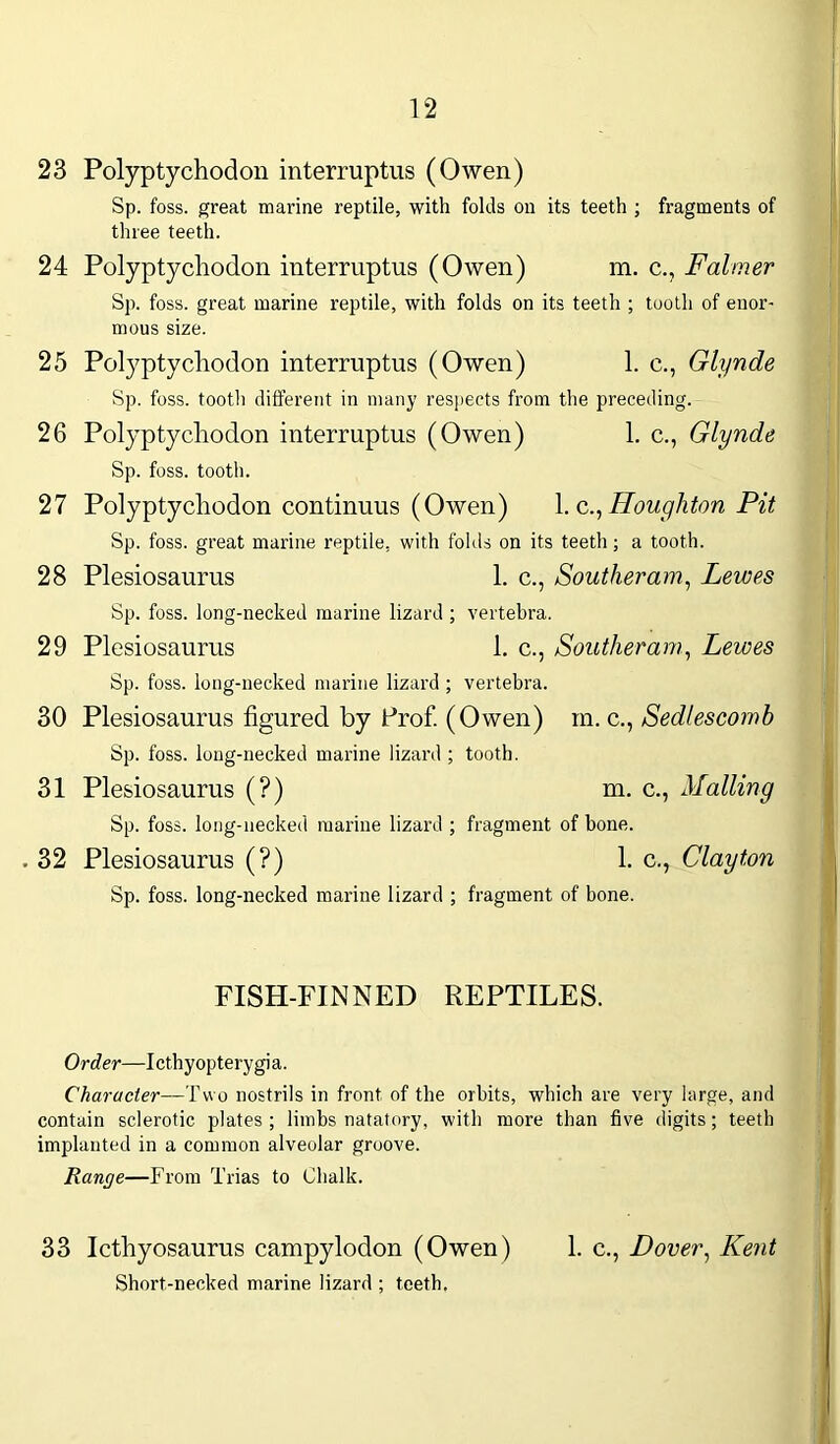 23 Polyptychodon interruptus (Owen) Sp. foss. great marine reptile, with folds on its teeth ; fragments of three teeth. 24 Polyptychodon interruptus (Owen) m. c., Faimer Sp. foss. great marine reptile, with folds on its teeth ; tooth of enor- mous size. 25 Polyptychodon interruptus (Owen) 1. c., Glynde Sp. foss. toot!) different in many respects from the preceding. 26 Polyptychodon interruptus (Owen) 1. c., Glynde Sp. foss. tooth. 27 Polyptychodon continuus (Owen) 1. cHoughton Pit Sp. foss. great marine reptile, with folds on its teeth; a tooth. 28 Plesiosaurus 1. c., Southeram, Lewes Sp. foss. long-necked marine lizard ; vertebra. 29 Plesiosaurus 1. c., Southeram, Lewes Sp. foss. long-necked marine lizard ; vertebra. 30 Plesiosaurus figured by Prof. (Owen) in. c., Sedlescomb Sp. foss. long-necked marine lizard ; tooth. 31 Plesiosaurus (?) m. c., Mailing Sp. foss. long-necked marine lizard ; fragment of bone. . 32 Plesiosaurus (?) 1. c., Clayton Sp. foss. long-necked marine lizard ; fragment of bone. FISH-FINNED REPTILES. Order—Icthyopterygia. Character—Two nostrils in front of the orbits, which are very large, and contain sclerotic plates; limbs natatory, with more than five digits; teeth implanted in a common alveolar groove. Range—From Trias to Chalk. 33 Icthyosaurus campylodon (Owen) 1. c., Dover, Kent Short-necked marine lizard ; teeth.