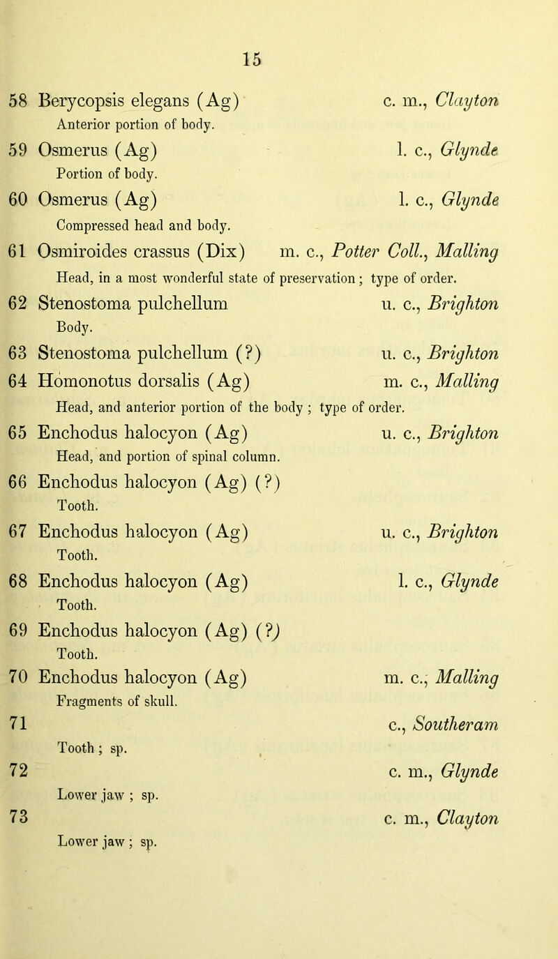 58 Berycopsis elegans (Ag) c. m., Clayton Anterior portion of body. 59 Osmerus (Ag) 1. c., Gly7ide Portion of body. 60 Osmerus (Ag) 1. c., Glynde Compressed head and body. 61 Osmiroides crassus (Dix) m. c., Potter Coll., Mailing Head, in a most wonderful state of preservation; type of order. 62 Stenostoma pulchellum u. c., Brighton Body. 63 Stenostoma pulchellum (?) u. c., Brighton 64 Homonotus dorsalis (Ag) m. c., Mailing Head, and anterior portion of the body ; type of order. 65 Enchodus halocyon (Ag) u. c., Brighton Head, and portion of spinal column. 66 Encliodus halocyon (Ag) (?) Tooth. 67 Enchodus halocyon (Ag) Tooth. 68 Enchodus halocyon (Ag) Tooth. 69 Enchodus halocyon (Ag) (?) Tooth. 70 Enchodus halocyon (Ag) Fragments of skull. 71 Tooth; sp. 72 Lower jaw ; sp. 73 Lower jaw; sp. u. c., Brighton 1. c., Glynde m. c., Mailing c., Soutlieram c. m., Glynde c. m., Clayton