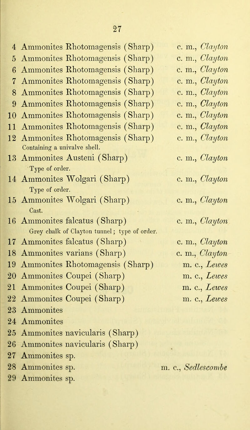 4 Ammonites Rhotomagensis (Sharp) c. m., Clayton 5 Ammonites Rhotomagensis (Sharp) c. m., Clayton 6 Ammonites Rhotomagensis (Sharp) c. m., Clayton 7 Ammonites Rhotomagensis (Sharp) c. m., Clayton 8 Ammonites Rhotomagensis (Sharp) c. m., Clayton 9 Ammonites Rhotomagensis (Sharp) c. m., Clayton 10 Ammonites Rhotomagensis (Sharp) c. m., Clayton 11 Ammonites Rhotomagensis (Sharp) c. m., Clayton 12 Ammonites Rhotomagensis (Sharp) c. m., Clayton Containing a univalve shell. 13 Ammonites Austeni (Sharp) c. m.j Clayton ' Type of order. 14 Ammonites Wolgari (Sharp) c. m., Clayton Type of order. 15 Ammonites Wolgari (Sharp) c. m., Clayton Cast. 16 Ammonites falcatus (Sharp) c. m., Clayton Grey chalk of Clayton tunnel; type of order. 17 Ammonites falcatus (Sharp) c. nr, Clayton 18 Ammonites varians (Sharp) c. in., Clayton 19 Ammonites Rhotomagensis (Sharp) m. c., Lewes 20 Ammonites Coupei (Sharp) m. c., Lewes 21 Ammonites Coupei (Sharp) m. c., Lewes 22 Ammonites Coupei (Sharp) m. c., Lewes 23 Ammonites 24 Ammonites 25 Ammonites navicularis (Sharp) 26 Ammonites navicularis (Sharp) 27 Ammonites sp. 28 Ammonites sp. m. c., Sedlescombe 29 Ammonites sp.