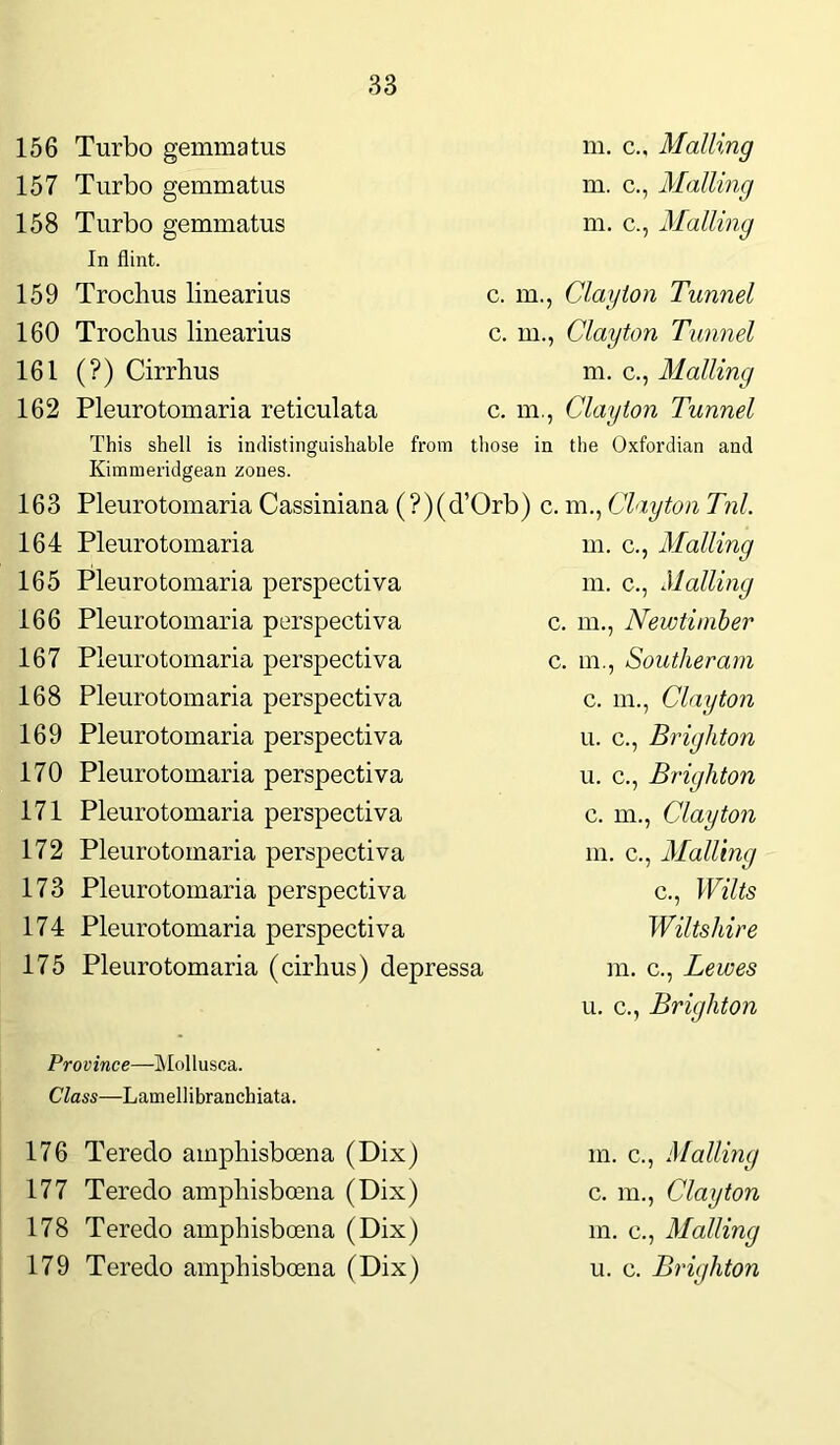 156 Turbo gemmatus 157 Turbo gemmatus 158 Turbo gemmatus In flint. m. c.. Mailing m. c., Mailing m. c., Mailing 159 Troclius linearius 160 Troclius linearius 161 (?) Cirrhus 162 Pleurotomaria reticulata c. m., Clayton Tunnel c. m., Clayton Tunnel m. c., Mailing c. m., Clayton Tunnel This shell is indistinguishable from those in the Oxfordian and Kimmeridgean zones. 163 Pleurotomaria Cassiniana (?)(d’Orb) 164 Pleurotomaria 165 Pleurotomaria perspectiva 166 Pleurotomaria perspectiva 167 Pleurotomaria perspectiva 168 Pleurotomaria perspectiva 169 Pleurotomaria perspectiva 170 Pleurotomaria perspectiva 171 Pleurotomaria perspectiva 172 Pleurotomaria perspectiva 173 Pleurotomaria perspectiva 174 Pleurotomaria perspectiva 175 Pleurotomaria (cirlius) depressa c. m., Clayton Tnl. m. c., Mailing m. c., Mailing c. m., Newtimber c. m., Southeram c. ill., Clayton u. c., Brighton u. c., Brighton c. m., Clayton in. c., Mailing c., Wilts Wiltshire m. c., Lewes u. c., Brighton Province—Mollusca. Class—Lamellibranchiata. 176 Teredo ainpliisbcena (Dix) 177 Teredo ampliisboena (Dix) 178 Teredo amphisboena (Dix) 179 Teredo amphisboena (Dix) m. c., Mailing c. m., Clayton in. c., Mailing u. c. Brighton