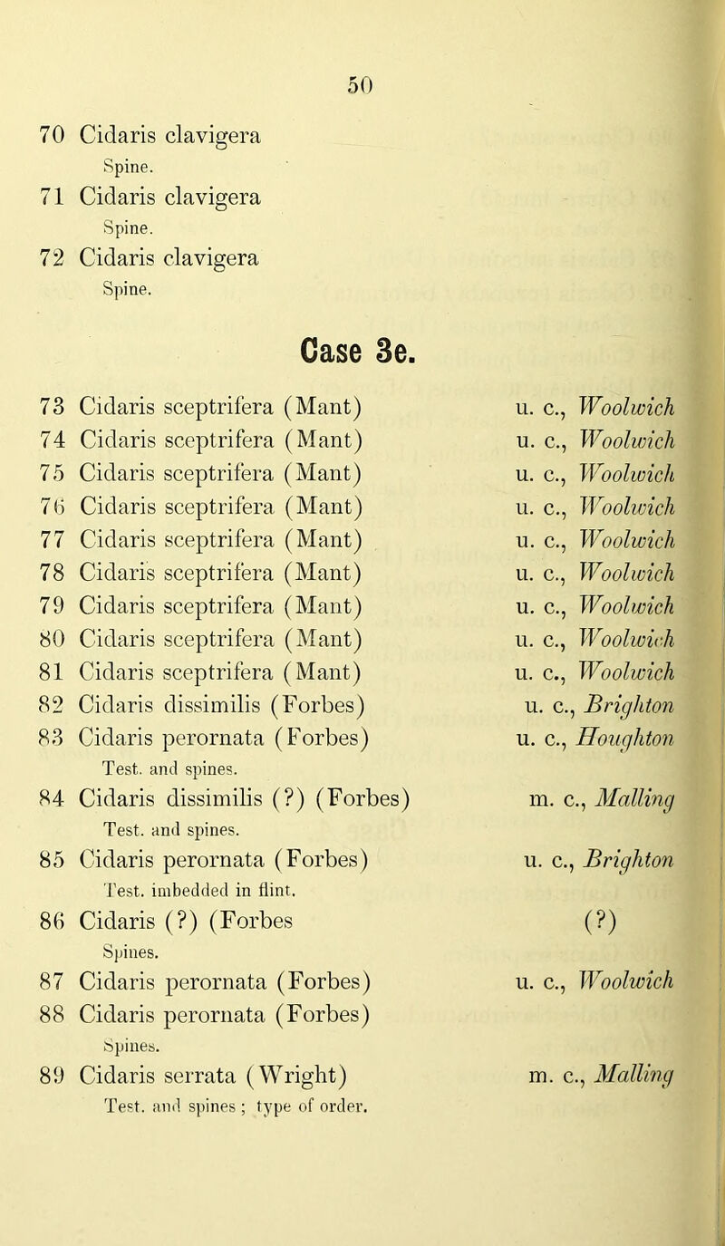 70 Cidaris clavigera Spine. 71 Cidaris clavigera Spine. 72 Cidaris clavigera Spine. Case 3e. 73 Cidaris sceptrifera (Mant) u. c., Woolwich 74 Cidaris sceptrifera (Mant) u. c., Woolwich 75 Cidaris sceptrifera (Mant) u. c., Woolwich 70 Cidaris sceptrifera (Mant) u. c., Woolwich 77 Cidaris sceptrifera (Mant) u. c., Woolwich 78 Cidaris sceptrifera (Mant) u. c., Woolwich 79 Cidaris sceptrifera (Mant) u. c., Woolwich 80 Cidaris sceptrifera (Mant) u. c., Woolwich 81 Cidaris sceptrifera (Mant) u. c., Woolwich 82 Cidaris dissimilis (Forbes) u. c., Brighton 83 Cidaris perornata (Forbes) Test., and spines. u. c., Houghton 84 Cidaris dissimilis (?) (Forbes) Test, and spines. m. c., Mailing 85 Cidaris perornata (Forbes) Test, imbedded in flint. u. c., Brighton 80 Cidaris (?) (Forbes Spines. (?) 87 Cidaris perornata (Forbes) u. c., Woolwich 88 Cidaris perornata (Forbes) Spines. Test, and spines ; type of order.