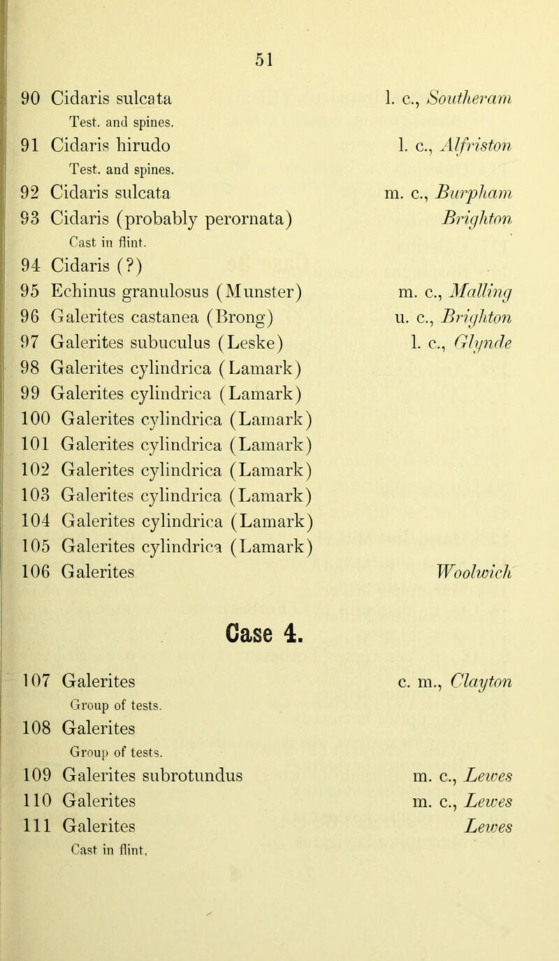 90 Cidaris sulcata Test, and spines. 91 Cidaris hirudo Test, and spines. 92 Cidaris sulcata 93 Cidaris (probably perornata) Cast in flint. 94 Cidaris (?) 95 Echinus granulosus (Munster) 96 Galerites castanea (Brong) 97 Galerites subuculus (Leske) 98 Galerites cylindrica (Lamark) 99 Galerites cylindrica (Lamark) 100 Galerites cylindrica (Lamark) 101 Galerites cylindrica (Lamark) 102 Galerites cylindrica (Lamark) 103 Galerites cylindrica (Lamark) 104 Galerites cylindrica (Lamark) 105 Galerites cylindrica (Lamark) 106 Galerites Case 4. 107 Galerites Group of tests. 108 Galerites Group of tests. 109 Galerites subrotundus 110 Galerites 111 Galerites Cast in flint. l. c., aSoutheram l. c., Alfriston m. c., Burpham Brighton m. c., Mailing u. c., Brighton 1. c., Glynde Woolwich c. m., Clayton m. c., Lewes m. c., Lewes Lewes