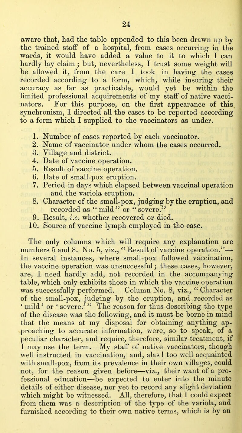 aware thatj had the table appended to this been drawn up by the trained staff of a hospital^ from cases occurring in the wards, it would have added a value to it to which I can hardly lay claim; but, nevertheless, I trust some weight will be allowed it, from the care I took in having the cases recorded according to a form, which, while insuring their accuracy as far as practicable, would yet be within the limited professional acquirements of my staff of native vacci- nators. For this purpose, on the first appearance of this^ synchronism, I directed all the cases to be reported according to a form which I supplied to the vaccinators as under. 1. Number of cases reported by each vaccinator. 2. Name of vaccinator under whom the cases occurred. 3. Village and district. 4. Date of vaccine operation. 5. Result of vaccine operation. 6. Date of small-pox eruption. 7. Period in days which elapsed between vaccinal operation and the variola eruption. 8. Character of the small-pox, judging by the eruption, and recorded as “ mild ” or “ severe.'’'’ 9. Result, i.e. whether recovered or died. 10. Source of vaccine lymph employed in the case. The only columns which will require any explanation are numbers 5 and 8. No. 5, viz., “ Result of vaccine operation.”— In several instances, where small-pox followed vaccination, the vaccine operation was unsuccessful; these cases, however, are, I need hardly add, not recorded in the accompanying table, which only exhibits those in which the vaccine operation was successfully performed. Column No. 8, viz., “ Character of the small-pox, judging by the eruption, and recorded as ‘ mild’ or ‘ severe.’ ” The reason for thus describing the type of the disease was the following, and it must be borne in mind that the means at my disposal for obtaining anything ap- proaching to accurate information, were, so to speak, of a ^ peculiar character, and require, therefore, similar treatment, if I may use the term. My staff of native vaccinators, though well instructed in vaccination, and, alas ! too well acquainted with small-pox, from its prevalence in their own villages, could not, for the reason given before—viz., their want of a pro- fessional education—be expected to enter into the minute details of either disease, nor yet to record any slight deviation which might be witnessed. All, therefore, that I could expect from them was a description of the type of the variola, and furnished according to their own native terms, which is by an