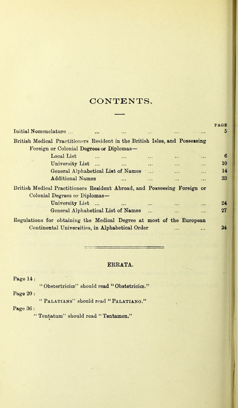 CONTENTS. PAGE Initial Nomenclature ... ... ... ... ... ... 5 British Medical Practitioners Resident in the British Isles, and Possessing Foreign or Colonial Degrees or Diplomas— Local List ... ... ... ... ... 6 University List ... ... ... ... ... 10 General Alphabetical List of Names ... ... ... 14 Additional Names ... ... ... ... 33 British Medical Practitioners Resident Abroad, and Possessing Foreign or Colonial Degrees or Diplomas— University List ... ... ... ... ... 24 General Alphabetical List of Names ... ... ... 27 Regulations for obtaining the Medical Degree at most of the European Continental Universities, in Alphabetical Order ... ,.. 34 ERRATA. Page 14 : “ Obsiertricioe” should read “ Obstetricice.” Page 20 : “ Palatians” should read “Palatiano.” Page 36: “ Tentatum” should read “ Tentamen,”