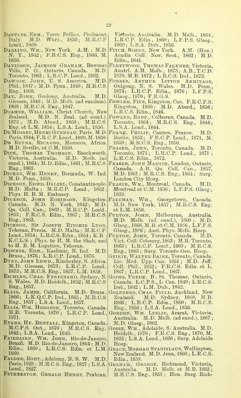 Dapples, Edm., Torre Pellico, Piedmont, Italy. M.D. Wiirz., 1856; M.R.C.P Lond., 1860. Daeling, Wm., New York. A.M. ; M.D. N. Y., 1842; F.E.C.S. Eng., 1866, M. 1856. Davidson, Jackson Graham, Bowman Ville, P. 0., Ontario, Canada. M.D. Toronto, 1862 ; L.E.C.P. Bond., 1862. Dawson, John, U. S. America. M.D. Phil., 1817; M.D. Penn., 1848; M.K.C.S. Eng., 1868. Day, John, Geelong, Australia. M.D. Giessen, 1849 ; M.D. Melb. (ad eundem). 1869 ; M.R.C.S. Eng., 1847. Deameb, Wili.iam, Christ Church, New Zealand. M.D. N. Zeal, (ad eund.). 1873 ; M.D. Aberd., 1860; M.R.C.S. Eng. et L.M. 1854; L.S.A. Lond., 1856. De Musset, Henri Gueneah, Paris. M.D Paris, 1844; E.R.C.P. Lond., 1860,M. 1858. De Reyna, Ricardo, Morocco, Africa. M.D. Seville, et C.M. 1850. Dick, Thomas Thomson, Beechworth. Victoria, Australia. M.D. Melb. (ad eund.), 1864; M.D. Edin., 1861; M.R.C.S. Eng., 1863. Dickey, Wm. Henry, Bermuda, W. Ind. M.D. Penn., 1850. Dickson, Edwd.Dalzel, Constantinople. M.D. Malta ; M.R.C.P. Lond., 1862 ; Phys. H. B. M. Embassy. Dickson, John Robinson, Kingston, Canada. M.D. N. York, 1842; M.D. Qu. Coll. Can., 1863; M.R.C.P. Lorid.. 1863; F.E.C.S. Edin., 1867; M.R.C.S. Eng., 1863. Dickson, Sir Joseph Ritchie Lyon, Teheran, Persia. M.D. Malta; M.R.C.P. Lond.,1854; L.E.C.S. Edin., 1854; K.B.; K.C.L.S.; Phys. to K. M. the Shah, and to H. B. M. Legation, Teheran. Downes, Edm., Kashmir, N. Ind. M.D. Bruss., 1876; L.R.C.P. Lond., 1876. Dyer, John Edwd., Kimberley, S. Africa. M.D. Giessen, 1873; L.R.C.P. Lond.. 1873; M.R.C.S. Eng., 1857, L.M. 1859. Eichler, Chas. Ferdinand, Sydney, N. S. Wales. M.D. Heidelb., 1852; M.R.C.S Eng., 1857. Ellis, James, California. M.D. Bruss., 1866; L.K.Q.C.P. Irel., 1865; M.R.C.S. Eng., 1857 ; L.S.A. Lond., 1857. Ellis, Wm. Hodgson, Toronto, Canada. M.B. Toronto, 1870; L.R.C.P. Lond., 1871. Evans, Hy. Bentall, Kingston, Canada. M.C.P.S. Ont., 1870 ; M.R.C.S. Eng., 1842 ; L.S.A. Lond., 1843. Fairbairn, Wm. John, Rio-de-Janeiro, Brazil. M.D. Rio-de-Janeiro, 1864 ; M.D. Edin., 1860 ; L.R.C.S. Edin. et L.M. 1860. Falder, Robt., Adelong, N. S. W. M.D. Paris, 1828 ; M.R.C.S. Eng., 1827 ; L.S.A. Lond., 1827. Fetherston, Gerald Henry, Prahran, Vietoria, Australia. M.D. Melb., 1864 ; L.R C.P. Edin., 1860; L.F.P.S. Glasg., 1860; L.S.A. Dub., 1856. Fitch, Simon, New York. A.M. (Hon.) Acadia Coll. Nov. Scot., 1862; M.D. Edin., 1841. Fleetwood, Thomas Falknbe, Victoria, Austrl. A.M. Melb., 1873; A.B.,T.C.D. 1870, M.B, 1872 ; L.R.C.S. Irel., 1873. Forbes, Arthur Litton Armitage, Gulgong, N. S. Wales. M.D. Penn,, 1874; L.R.C.P. Edin., 1870; L.F.P.S. Glasg., 1870; F.R.G.S. Fowler, Fife, Kingston, Can. F.R.C.P.S. Kingston, 1866; M,D. Aberd.. 1858; L.R.C.S. Edin., 1846. Fowler, Robt., Colborne, Canada. M.D. Toronto, 1864; M.R.C.S. Eng., 1844; L.S.A. Lond., 1844. Frank, Philip, Cannes, France. M.D. Berlin, 1853; F.R.C.P. Lond., 1871, M. 1859 ; M.R.C.S. Eng., 1856. Fraser, John, Toronto, Canada. M.D. Toronto, 1871; L.R.C.P. Lond., 1871 ; L. R.C.S. Edin., 1872. Fraser, John Martin, London, Ontario, Canada. A.B. Qu. Coll. Can., 1857, M. D. 1861; M.R.C.S. Eng., 1864; Surg. London City Hosp. Fraser, Wm., Montreal, Canada. M.D. Montreal et C.M. 1836; L.F.P.S. Glasg., 1833. Freeman, Wm., Georgetown, Canada. M.D. New York, 1857; M.R.C.S. Eng. et L.M. 1858. ' Fulton, John, Melbourne, Australia. M.D. Melb. (ad eund.), 1869 ; M.D. Glasg., 1868, M.B. et C.M, 1866 ; L.F.F.S. Glasg., 1866; Asst. Phys. Melb. Hosp. Fulton, John, Toronto, Canada. M.D. Viet. Coll. Cobourg, 1863; M.B. Toronto, 1863 ; L.E.C.P. Lond., 1863 ; M.R.C.S. Eng., 1863; Surg. Toronto Gen. Hosp. Geikie, Walter Baine, Toronto, Canada. Lie. Med. Upp. Can. 1851 ; M.D. Jeff. Coll. Phil., 1852; F.E.C.S. Edin. et L. 1867; L.E.C.P. Lond., 1867. Going, Fbedk. B , St. Thomas, Ontario, Canada. L.C.P.S., L. Can. 1849; L.E.C.S. Irel., 1842 ; L.M. Dub., 1842. Goldsbro, Chas. Field, Auckland, New Zealand. M.D. Sydney, 1868, M.B. 1866; L.E.C.P. Edin., I860; M.R.C.S. Eng., 1856 ; L.S.A. Lond., 1856. Gordon, Wm. Leslie, Ararat, Victoria, Australia. M.D. Melb. (ad eund.), 1867 ; M.D. Glasg., 1862. Gosse, Wm., Adelaide, S. Australia. M.D. Heidelb., 1870 ; F.E.C.S. Eng., 1870, M. 1835 ; L.S.A. Lond., 1836 ; Surg. Adelaide Hosp. Grace, Morgan Stanislaus, Wellington, New Zealand. M.D. Jena, 1866; L.R.C.S. Edin., 1859. Graham, George, Richmond, Victoria, Australia. M.D. Melb. et M.B. 1862 ; M.R.C.S. Eng., 1851 ; Hon. Surg. Rich-