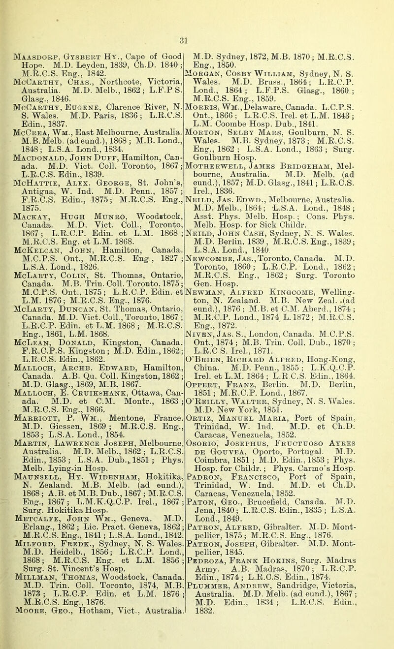 Maasuokp. Uysbekt Hy., Cape of Good Hope. M.D. Leyden, 1839, Ch.D. 1840 ; M.R.C.S. Eng., 1842. ] McCarthy, Chas., Northcote, Victoria, Australia. M.D. Melb., 1862 ; L.F.P S. Glasg., 1846. McCarthy, Eugene, Clarence River, N.! S. Wales. M.D. Paris, 1836 ; L.R.C.S. Edin., 1837. McCrea, Wm., East Melbourne, Australia. ’ M.B.Melb. {ad eund.), 1868 ; M.B.Lond., 1848; L.S.A. Lond., 1834. Macdonald, John Duff, Hamilton, Can- ada. M.D. Viet. Coll. Toronto, 1867;. L. R.C.S. Edin., 1839. McHattie, Alex. George, St. John’s, Antigua, W. Ind. M.D. Penn., 1857 ; E.R.C.S. Edin., 1875; M.R.C.S. Eng.,: 1875. Mackay, Hugh Munro, Woodstock, Canada. M.D. Viet. Coll., Toronto, 1867; L.R.C.P. Edin. et L.M. 1868 ; M. R.C.S. Eng. et L.M. 1868. McKelcan, John, Hamilton, Canada. M.C.P.S. Ont., M.R.C.S. Eng , 1827 ; L. S.A. Lond., 1826. McLarty, Colin, St. Thomas, Ontario, Canada. M.B. Trin. Coll. Toronto, 1875; M. C.P.S. Ont., 1875; L.R.C.P. Edin. et: L.M. 1876; M.R.C.S. Eng., 1876. McLarty, Duncan, St. Thomas, Ontario, Canada. M.D. Viet. Coll., Toronto, 1867 ; L.R.C.P. Edin. et L.M. 1868 ; M.R.C.S. Eng., 1861, L.M. 1868. McLean, Donald, Kingston, Canada. E.R.C.P.S. Kingston; M.D. Edin., 1862; L. R.C.S. Edin., 1862. Malloch, Archb. Edward, Hamilton, Canada. A.B. Qu. Coll. Kingston, 1862 ; M. D. Glasg., 1869, M.B. 1867. Malloch, E. Cruikshank, Ottawa, Can- ada. M.D. et C.M. Montr., 1863; M.R.C.S. Eng., 1866. Marriott, P. Wm., Mentone, France. M. D. Giessen, 1869; M.R.C.S. Eng., 1853; L.S.A. Lond., 1854. Martin, Lawrence Joseph, Melbourne, Australia. M.D. Melb., 1862 ; L.R.C.S. Edin., 1853; L.S.A. Dub.>1851; Phys. Melb. Lying-in Hosp. Maunsell, Hy. Widbnham, Hokitika, N. Zealand. M.B. Melb. (ad eund.), 1868; A.B. et M.B. Dub., 1867 ; M.R.C.S. Eng., 1867 ; L.M.K.Q.C.P. Irel., 1867 ; Surg. Hokitika Hosp. Metcalfe, John Wm., Geneva. M.D. Erlang., 1862 ; Lie. Pract. Geneva, 1862; M.R.C.S. Eng., 1841; L.S.A. Lond., 1842. Milford, Fredk., Sydney, N. S. Wales. M.D. Heidelb., 1856; L.R.C.P. Lond., 1868; M.R.C.S. Eng. et L.M. 1856; Surg. St. Vincent’s Hosp. Millman, Thomas, Woodstock, Canada. M.D. Trin. Coll. Toronto, 1874, M.B. 1873; L.R.C.P. Edin. et L.M. 1876 ; M.R.C.S. Eng., 1876. Moore, Geo., Hotham, Viet., Australia. M.D. Sydney, 1872, M.B. 1870; M.R.C.S. Eng., 1850. Morgan, Cosby William, Sydney, N. S. Wales. M.D. Bruss., 1864; L.R.C.P. Lond., 1864; L.F.P.S. Glasg., I860.; M.R.C.S. Eng., 1859. Morris, Wm., Delaware, Canada. L.C.P.S. Ont., 1866 ; L.R.C.S. Irel. et L.M. 1843 ; L. M. Coombe Hosp. Dub., 1841. Morton, Selby Mars, Goulburn. N. S. Wales. M.B. Sydney, 1873; M.R.C.S. Eng., 1862 ; L.S.A. Lond., 1863 ; Surg. Goulburn Hosp. Motherwell, James Bridgeham, Mel- bourne, Australia. M.D. Melb. (ad eund.), 1857; M.D. Glasg., 1841; L.R.C.S. Irel., 1836. Neild, Jas. Edwd., Melbourne, Australia. M. D. Melb., 1864; L.S.A. Lond., 1848; Asst. Phys. Melb. Hosp.; Cons. Phys. Melb. Hosp. for Sick Childr. Neild, John Cash, Sydney, N. S. Wales. M.D. Berlin, 1839, M.R.C.S. Eng., 1839; L. S.A. Lond., 1840 Newcombe, Jas.,Toronto, Canada. M.D. Toronto, 1860 ; L.R.C.P. Lond., 1862 ; M. R.C.S. Eng., 1862; Surg. Toronto Gen. Hosp. Newman, Alfred Kingcome, Welling- ton, N. Zealand. M.B. New Zeal, .(ad eund.), 1876 ; M.B. et C.M. Aberd., 1874 ; M.R.C.P. Lond., 1874 L. 1872 ; M.R.C.S. Eng., 1872. Niven, Jas. S., London, Canada. M.C.P.S. Ont., 1874 ; M.B. Trin. Coll. Dub., 1870 ; L. R.C S. Irel., 1871. O’Brien, Richard Alfred, Hong-Kong, China.' M.D. Penn., 1855 ; L.K.Q.C.P. Irel. et L.M. 1864 ; L.R.C.S. Edin., 1864. Oppert, Franz, Berlin. M.D. Berlin, 1851; M.R.C.P. Lond., 1867. O’Reilly, Walter, Sydney, N. S. Wales. M. D. New York, 1851. Ortiz, Manuel Maria, Port of Spain, Trinidad, W. Ind. M.D. et Ch.D. Caracas, Venezuela, 1852. Osorio, Josephus, Frdctuoso Ayres DB Gouvea, Oporto, Portugal. M.D. Coimbra, 1851 ; M.D. Edin., 1853 ; Phys. Hosp. for Childr.; Phys. Carmo's Hosp. Padron, Francisco, Port of Spain, , Trinidad, W. Ind. M.D. et Ch.D. Caracas, Venezuela, 1852. ; Paton, Geo., Brucefield, Canada. M.D. Jena, 1840; L.R.C.S. Edin., 1835 ; L.S.A. Lond., 1849. ; Patron, Alfred, Gibralter. M.D. Mont- pellier, 1875; M.R.C.S. Eng., 1876. . Patron, Joseph, Gibralter. M.D. Mont- , pellier, 1845. ; Pedroza, Frank Hokins, Surg. Madras Army. A.B. Madras, 1870; L.R.C.P. . Edin., 1874 ; L.R.C.S. Edin., 1874. . Plummer, Andrew, Sandridge, Victoria, ; Australia. M.D. Melb. (ad eund.), 1867 ; M.D. Edin., 1834 ; L.R.C.S. Edin., . 1832.