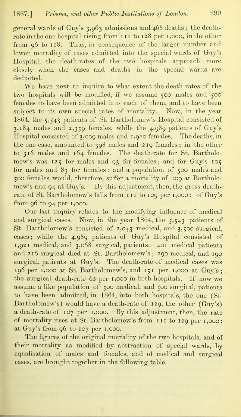 general wards of Guy’s 3,963 admissions and 468 deaths ; the death- rate in the one hospital rising from ill to 128 per 1,000, in the other from 96 to 118. Thus, in consequence of the larger number and lower mortality of cases admitted into the special wards of Guy’s Hospital, the death-rates of the two hospitals approach more closely when the cases and deaths in the sjieeial wards are deducted. We have next to inquire to what extent the death-rates of the two hospitals will he modified, if we assume 500 males and 500 females to have been admitted into each of them, and to have been subject to its own special rates of mortality. Now, in the year 1864, the 5,543 patients of St. Bartholomew’s Hospital consisted of 3,184 males and 2,359 females, while the 4,989 patients of Guy’s Hospital consisted of 3,009 males and 1,980 females. The deaths, in the one case, amounted to 398 males and 219 females ; in the other to 316 males and 164 females. The death-rate for St. Bartholo- mew’s was 125 for males and 93 for females ; and for Guy’s 105 for males and 83 for females: and a population of 500 males and 500 females would, therefore, suffer a mortality of 109 at Bartholo- mew’s and 94 at Guy’s. By this adjustment, then, the gross death- rate of St. Bartholomew’s falls from 111 to 109 per 1,000 ; of Guy’s from 96 to 94 per 1,000. Our last inquiry relates to the modifying influence of medical and surgical cases. Now, in the year 1864, the 5,543 patients of St. Bartholomew’s consisted of 2,043 medical, and 3,500 surgical, cases; while the 4,989 patients of Guy’s Hospital consisted of 1,921 medical, and 3,068 surgical, patients. 401 medical patients and 2x6 surgical died at St. Bartholomew’s ; 290 medical, and 190 surgical, patients at Guy’s. The death-rate of medical cases was 196 per 1,000 at St. Bartholomew’s, and 151 per 1,000 at Guy’s; the surgical death-rate 62 per 1,000 in both hospitals. If now we assume a like population of 500 medical, and 500 surgical, patients to have been admitted, in 1864, into both hospitals, the one (St Bartholomew’s) would have a death-rate of 129, the other (Guy’s) a death-rate of 107 per i ,000. By this adjustment, then, the rate of mortality rises at St. Bartholomew’s from iii to 129 per 1,000; at Guy’s from 96 to 107 per 1,000. The figures of the original mortality of the two hospitals, and of their mortality as modified by abstraction of special wards, by equalisation of males and females, and of medical and surgical cases, are brought together in the following table.