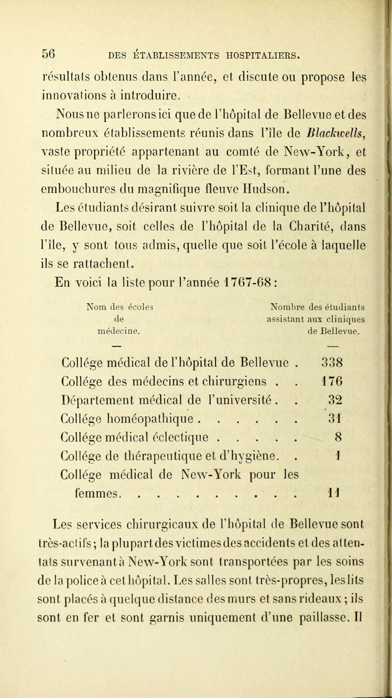 résultats obtenus dans l’année, et discute ou propose les innovations à introduire. Nous ne parlerons ici que de l’hôpital de Bellevue et des nombreux établissements réunis dans l’île de Blackwells, vaste propriété appartenant au comté de New-York, et située au milieu de la rivière de l’Est, formant l’une des embouchures du magnifique fleuve Hudson. Les étudiants désirant suivre soit la clinique de l’hôpital de Bellevue, soit celles de l’hôpital de la Charité, dans file, y sont tous admis, quelle que soit l’école à laquelle ils se rattachent. En voici la liste pour l’année 1767-68: Nom des écoles Nombre des étudiants de assistant aux cliniques médecine. de Bellevue. Collège médical de l’hôpital de Bellevue . 338 Collège des médecins et chirurgiens . . 176 Département médical de l’université . . 32 Collège homéopathique 31 Collège médical éclectique 8 Collège de thérapeutique et d’hygiène. . 1 Collège médical de New-York pour les femmes 11 Les services chirurgicaux de l’hôpital de Bellevue sont très-actifs; la plupartdesvictimesdesaccidenls et des atten- tats survenant à New-York sont transportées par les soins de la police à cet hôpital. Les salles sont très-propres, les lits sont placés à quelque distance des murs et sans rideaux ; ils sont en fer et sont garnis uniquement d’une paillasse. Il