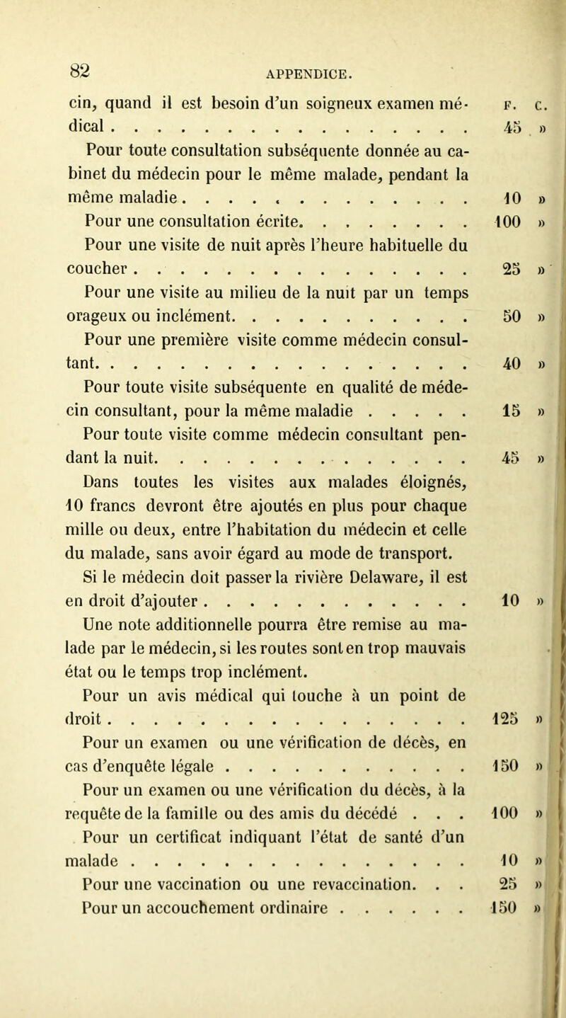 cin, quand il est besoin d’un soigneux examen nié- f. c. dical 45 » Pour toute consultation subséquente donnée au ca- binet du médecin pour le même malade, pendant la même maladie 10» Pour une consultation écrite. . 100 » Pour une visite de nuit après l’heure habituelle du coucher 25 » Pour une visite au milieu de la nuit par un temps orageux ou inclément 50 » Pour une première visite comme médecin consul- tant 40 » Pour toute visite subséquente en qualité de méde- cin consultant, pour la même maladie 15 » Pour toute visite comme médecin consultant pen- dant la nuit 45 » Dans toutes les visites aux malades éloignés, 10 francs devront être ajoutés en plus pour chaque mille ou deux, entre l’habitation du médecin et celle du malade, sans avoir égard au mode de transport. Si le médecin doit passer la rivière Delaware, il est en droit d’ajouter 10 » Une note additionnelle pourra être remise au ma- lade par le médecin, si les routes sont en trop mauvais état ou le temps trop inclément. Pour un avis médical qui louche à un point de droit 125 » Pour un examen ou une vérification de décès, en cas d’enquête légale 150 » Pour un examen ou une vérification du décès, à la requête de la famille ou des amis du décédé . . . 100 » Pour un certificat indiquant l’état de santé d’un malade 10 » Pour une vaccination ou une revaccination. . . 25 » Pour un accouchement ordinaire 150 »