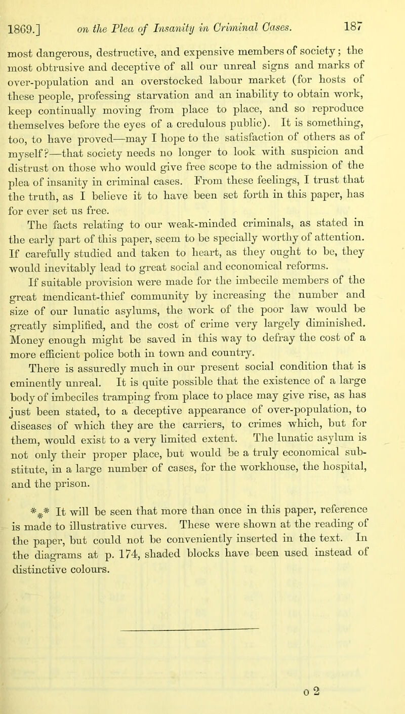 most dangerous, destructive, and expensive members of society; the most obtrusive and deceptive of all our unreal signs and marks of over-population and an overstocked labour market (for hosts of these people, professing starvation and an inabihty to obtain work, keep continually moving from place to place, and so reproduce themselves before the eyes of a credulous public). It is something, too, to have proved—may I hope to the satisfaction of others as of myself?—that society needs no longer to look with suspicion and distrust on those who would give free scope to the admission of the plea of insanity in criminal cases. From these feelings, I trust that the truth, as I believe it to have been set forth in this paper, has for ever set us free. The facts relating to our weak-minded criminals, as stated in the early part of this paper, seem to be specially worthy of attention. If carefully studied and taken to heart, as they ought to be, they would inevitably lead to great social and economical reforms. If suitable provision were made for the imbecile members of the great tnendicant-thief community by increasing the number and size of our lunatic asylums, the work of the poor law would be greatly simplified, and the cost of crime very largely diminished. Money enough might be saved in this way to defray the cost of a more efficient police both in town and country. There is assuredly much in our present social condition that is eminently unreal. It is quite possible that the existence of a large body of imbeciles tramping from place to place may give rise, as has just been stated, to a deceptive appearance of over-population, to diseases of which they are the carriers, to crimes which, but for them, would exist to a very limited extent. I he lunatic asylum is not only their proper place, but would be a truly economical sub- stitute, in a large number of cases, for the workhouse, the hospital, and the prison. *^* It will be seen that more than once in this paper, reference is made to illustrative curves. These were shown at the reading of the paper, but could not be conveniently inserted in the text. In the diagrams at p. 174, shaded blocks have been used instead of distinctive colours. 0 q