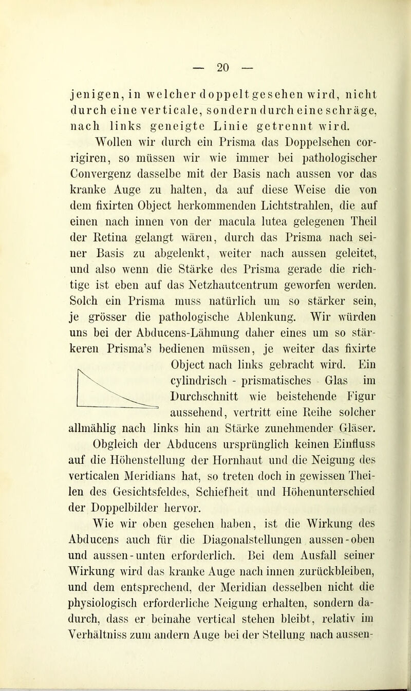 jenigen,in welcher doppelt gesehen wird, nicht durch eine verticale, sondern durch eine schräge, nach links geneigte Linie getrennt wird. Wollen wir durch ein Prisma das Doppelsehen cor- rigiren, so müssen wir wie immer bei pathologischer Convergenz dasselbe mit der Basis nach aussen vor das kranke Auge zu halten, da auf diese Weise die von dem fixirten Object herkoramenden Lichtstrahlen, die auf einen nach innen von der macula lutea gelegenen Theil der Retina gelangt wären, durch das Prisma nach sei- ner Basis zu abgelenkt, weiter nach aussen geleitet, und also wenn die Stärke des Prisma gerade die rich- tige ist eben auf das Netzhautcentrum geworfen werden. Solch ein Prisma muss natürlich um so stärker sein, je grösser die pathologische Ablenkung. Wir würden uns bei der Abducens-Lähmung daher eines um so stär- keren Prisma’s bedienen müssen, je weiter das hxirte Object nach links gebracht wü’d. Ein cylindrisch - prismatisches Glas im Durchschnitt wie beistehende Figur aussehend, vertritt eine Reihe solcher allmählig nach links hin an Stärke zunehmender Gläser. Obgleich der Abducens ursprünglich keinen Einfluss auf die Höhenstellung der Hornhaut und die Neigung des verticalen Meridians hat, so treten doch in gewissen Thei- len des Gesichtsfeldes, Schiefheit und Höhenunterschied der Doppelbilder hervor. Wie wir oben gesehen haben, ist die Wirkung des Abducens auch für die Diagoiialstellungen aussen-oben und aussen-unten erforderlich. Bei dem Ausfall seiner Wirkung wird das kranke Auge nach innen Zurückbleiben, und dem entsprechend, der Meridian desselben nicht die physiologisch erforderliche Neigung erhalten, sondern da- durch, dass er beinahe vertical stehen bleibt, relativ im Verhältniss zum andern Auge bei der Stellung nach aussen-