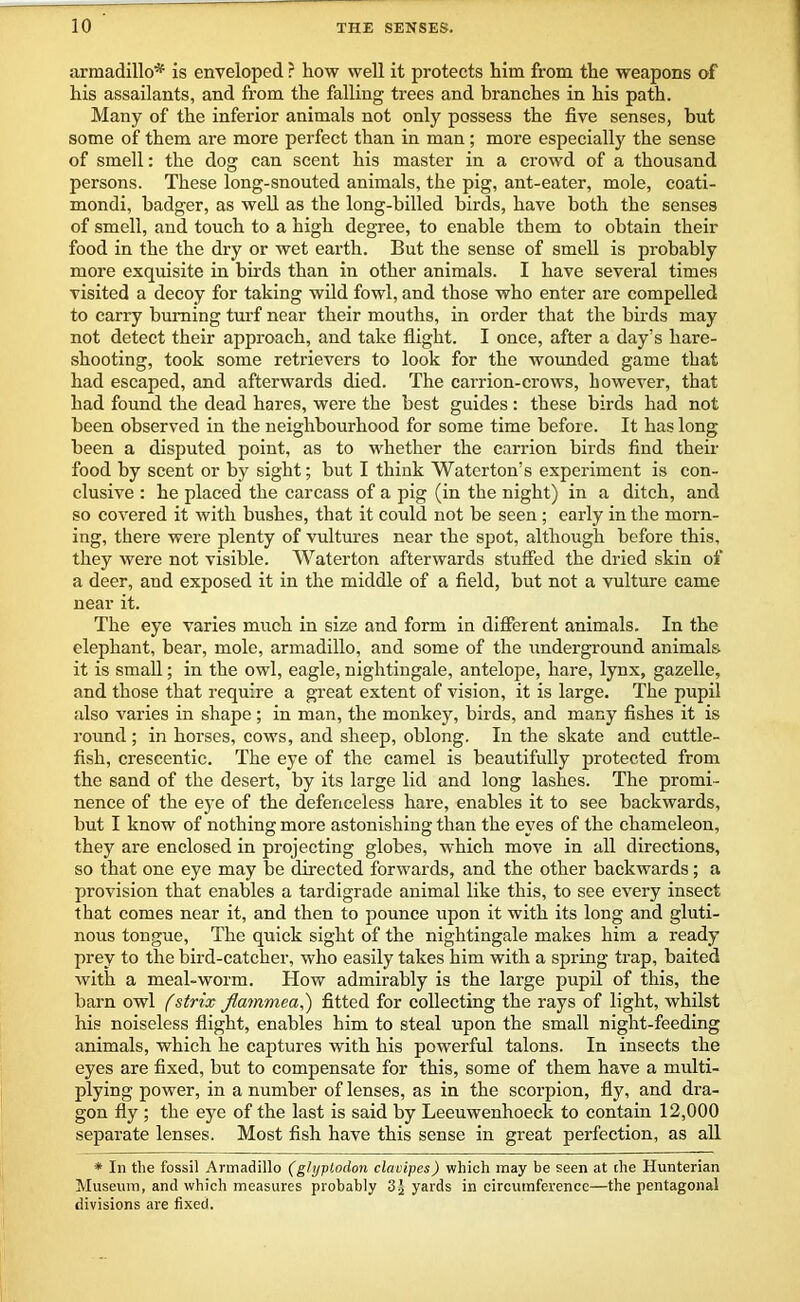 armadillo* is enveloped ? how well it protects him from the weapons of his assailants, and from the falling trees and branches in his path. Many of the inferior animals not only possess the five senses, but some of them are more perfect than in man ; more especially the sense of smell: the dog can scent his master in a crowd of a thousand persons. These long-snouted animals, the pig, ant-eater, mole, coati- mondi, badger, as well as the long-billed birds, have both the senses of smell, and touch to a high degree, to enable them to obtain their food in the the dry or wet earth. But the sense of smell is probably more exquisite in birds than in other animals. I have several times visited a decoy for taking wild fowl, and those who enter are compelled to carry burning turf near their mouths, in order that the birds may not detect their approach, and take flight. I once, after a day’s hare- shooting, took some retrievers to look for the wounded game that had escaped, and afterwards died. The carrion-crows, however, that had found the dead hares, were the best guides : these birds had not been observed in the neighbourhood for some time before. It has long been a disputed point, as to whether the carrion birds find their food by scent or by sight; but I think Waterton’s experiment is con- clusive : he placed the carcass of a pig (in the night) in a ditch, and so covered it with bushes, that it could not be seen ; early in the morn- ing, there were plenty of vultures near the spot, although before this, they were not visible. Waterton afterwards stuffed the dried skin of a deer, and exposed it in the middle of a field, but not a vulture came near it. The eye varies much in size and form in different animals. In the elephant, bear, mole, armadillo, and some of the underground animals it is small; in the owl, eagle, nightingale, antelope, hare, lynx, gazelle, and those that require a great extent of vision, it is large. The pupil also varies in shape ; in man, the monkey, birds, and many fishes it is round ; in horses, cows, and sheep, oblong. In the skate and cuttle- fish, crescentic. The eye of the camel is beautifully protected from the sand of the desert, by its large lid and long lashes. The promi- nence of the eye of the defenceless hare, enables it to see backwards, but I know of nothing more astonishing than the eyes of the chameleon, they are enclosed in projecting globes, which move in all directions, so that one eye may be directed forwards, and the other backwards; a provision that enables a tardigrade animal like this, to see every insect that comes near it, and then to pounce upon it with its long and gluti- nous tongue, The quick sight of the nightingale makes him a ready prey to the bird-catcher, who easily takes him with a spring trap, baited with a meal-worm. How admirably is the large pupil of this, the barn owl (strix jlammea,) fitted for collecting the rays of light, whilst his noiseless flight, enables him to steal upon the small night-feeding animals, which he captures with his powerful talons. In insects the eyes are fixed, but to compensate for this, some of them have a multi- plying power, in a number of lenses, as in the scorpion, fly, and dra- gon fly ; the eye of the last is said by Leeuwenhoeck to contain 12,000 separate lenses. Most fish have this sense in great perfection, as all * In the fossil Armadillo (glypiodon clavipes) which may be seen at the Hunterian Museum, and which measures probably yards in circumference—the pentagonal divisions are fixed.