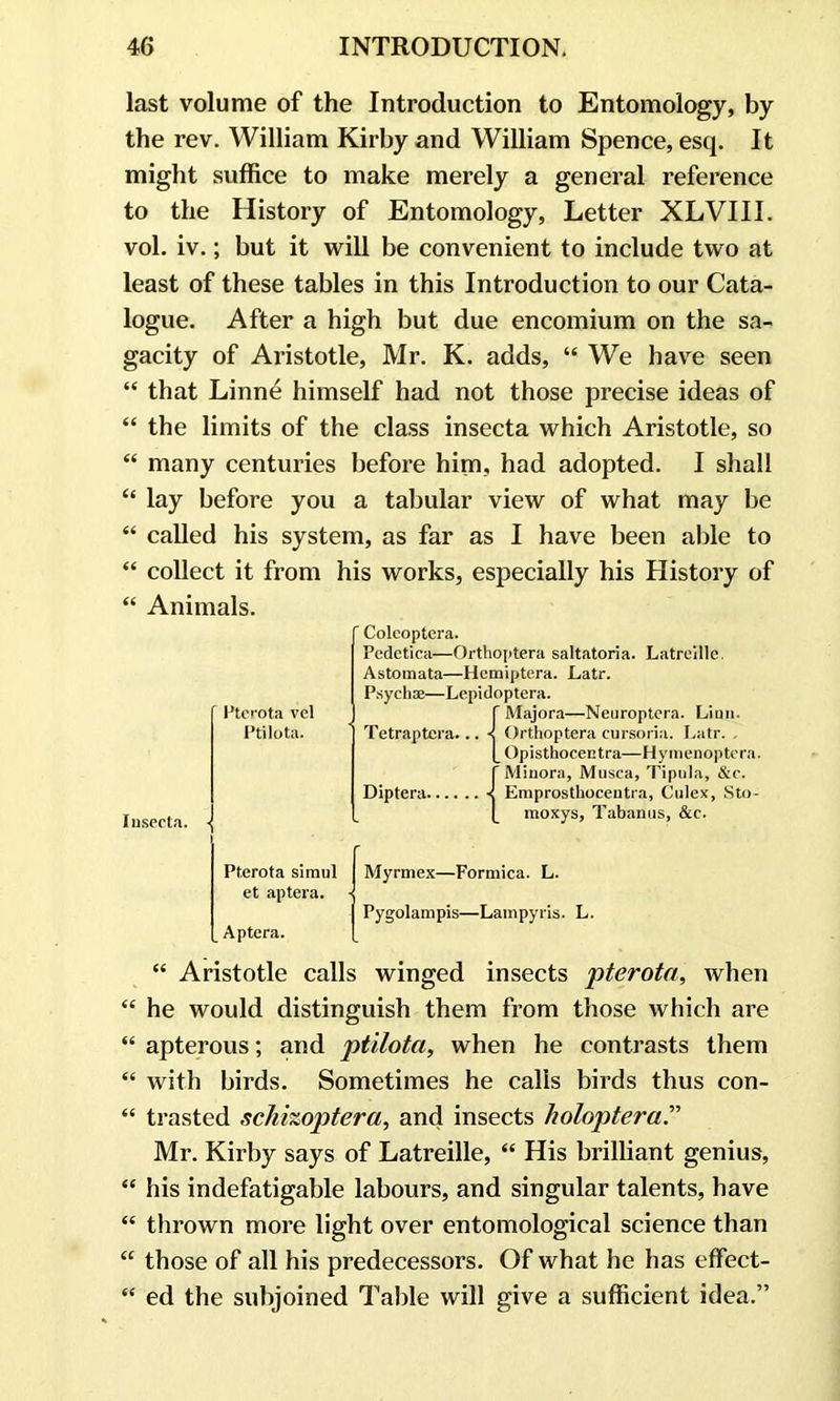 last volume of the Introduction to Entomology, by the rev. William Kirby and William Spence, esq. It might suffice to make merely a general reference to the History of Entomology, Letter XLVIII. vol. iv.; but it will be convenient to include two at least of these tables in this Introduction to our Cata- logue. After a high but due encomium on the sa- gacity of Aristotle, Mr. K. adds, “ We have seen “ that Linne himself had not those precise ideas of “ the limits of the class insecta which Aristotle, so “ many centuries before him. had adopted. I shall “ lay before you a tabular view of what may be “ called his system, as far as I have been able to “ collect it from his works, especially his History of “ Animals. ' Coleoptera. Pedctica—Orthoptera saltatoria. Latreille. Astomata—Hcmiptera. Latr. Psych®—Lepidoptera. f Majora—Neuroptera. Lion. Tetraptcra... < Orthoptera cursoria. Latr. (_ Opisthocentra—Hymenoptcra. {Minora, Musca, Tipula, &c. Emprosthoceutra, Culex, Sto- moxys, Tabanus, &c. Pterota siraul I Myrmex—Formica. L. et aptera. -< Pygolampis—Lampyris. L. Aptera. [_ “ Aristotle calls winged insects pterota, when “ he would distinguish them from those which are “ apterous; and ptilota, when he contrasts them “ with birds. Sometimes he calls birds thus con- “ trasted schhoptera, and insects holoptera.” Mr. Kirby says of Latreille, “ His brilliant genius, “ his indefatigable labours, and singular talents, have “ thrown more light over entomological science than “ those of all his predecessors. Of what he has effect- “ ed the subjoined Table will give a sufficient idea.” Pterota vel Ptilota.