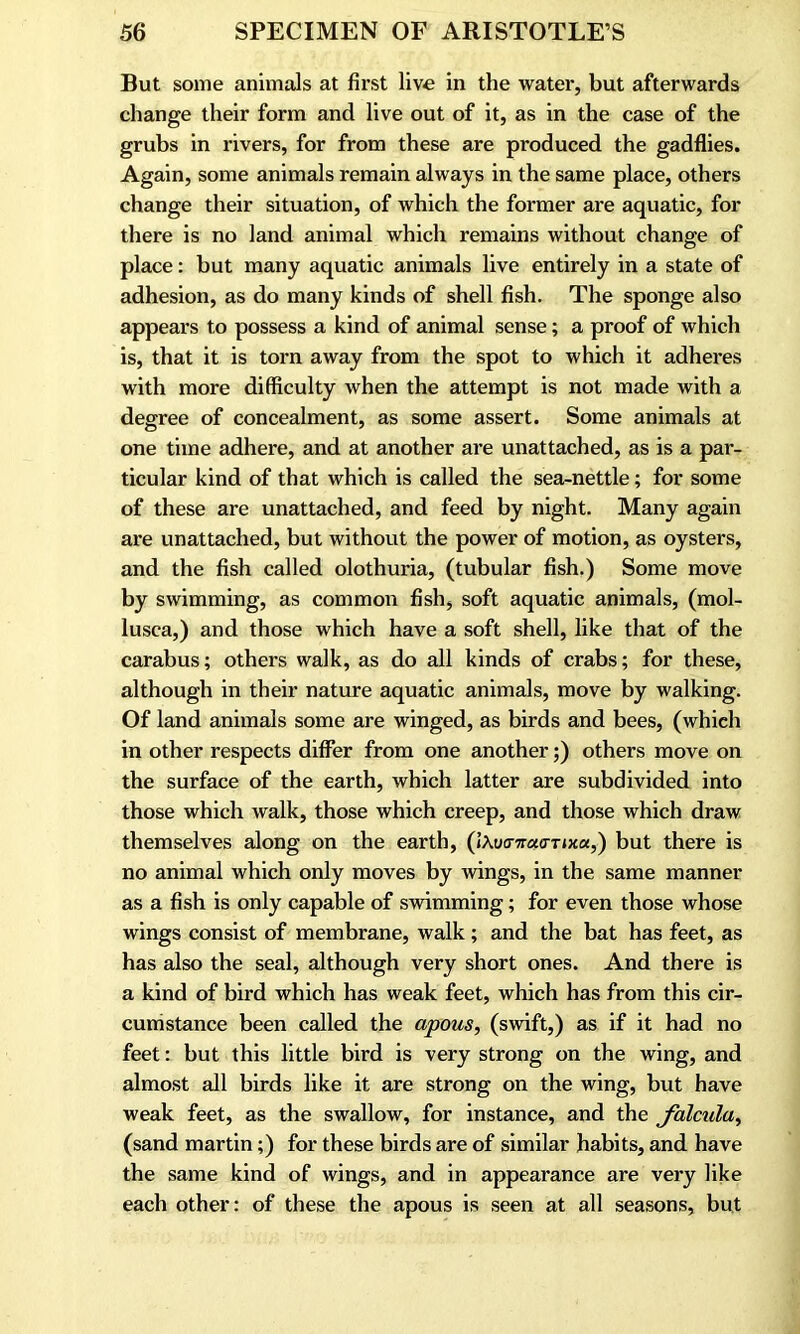 But some animals at first live in the water, but afterwards change their form and live out of it, as in the case of the grubs in rivers, for from these are produced the gadflies. Again, some animals remain always in the same place, others change their situation, of which the former are aquatic, for there is no land animal which remains without change of place: but many aquatic animals live entirely in a state of adhesion, as do many kinds of shell fish. The sponge also appears to possess a kind of animal sense; a proof of which is, that it is torn away from the spot to which it adheres with more difficulty when the attempt is not made with a degree of concealment, as some assert. Some animals at one time adhere, and at another are unattached, as is a par- ticular kind of that which is called the sea-nettle; for some of these are unattached, and feed by night. Many again are unattached, but without the power of motion, as oysters, and the fish called olothuria, (tubular fish.) Some move by swimming, as common fish, soft aquatic animals, (mol- lusca,) and those which have a soft shell, like that of the carabus; others walk, as do all kinds of crabs; for these, although in their nature aquatic animals, move by walking. Of land animals some are winged, as birds and bees, (which in other respects differ from one another;) others move on the surface of the earth, which latter are subdivided into those which walk, those which creep, and those which draw themselves along on the earth, (iKuan/xa-Tixa,) but there is no animal which only moves by wings, in the same manner as a fish is only capable of swimming; for even those whose wings consist of membrane, walk ; and the bat has feet, as has also the seal, although very short ones. And there is a kind of bird which has weak feet, which has from this cir- cumstance been called the apous, (swift,) as if it had no feet: but this little bird is very strong on the wing, and almost all birds like it are strong on the wing, but have weak feet, as the swallow, for instance, and the falcula, (sand martin;) for these birds are of similar habits, and have the same kind of wings, and in appearance are very like each other: of these the apous is seen at all seasons, but