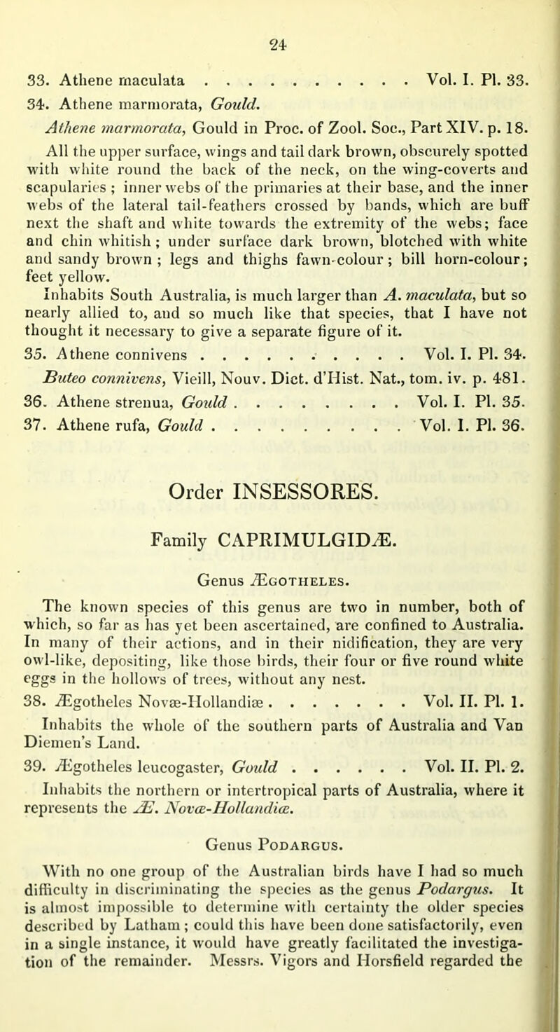 33. Athene rnaculata Vol. I. PI. 33. 34. Athene marmorata, Gould. Athene marmorata, Gould in Proc. of Zool. Soc., Part XIV. p. 18. All the upper surface, wings and tail dark brown, obscurely spotted with white round the back of the neck, on the wing-coverts and scapularies ; inner webs of the primaries at their base, and the inner webs of the lateral tail-feathers crossed by bands, which are buff next the shaft and white towards the extremity of the webs; face and chin whitish; under surface dark brown, blotched with white and sandy brown ; legs and thighs fawn-colour; bill horn-colour; feet yellow. Inhabits South Australia, is much larger than A. rnaculata, but so nearly allied to, and so much like that species, that I have not thought it necessary to give a separate figure of it. 35. Athene connivens Vol. I. PI. 34. Buteo connivens, Vieill, Nouv. Diet. d’Hist. Nat., tom. iv. p. 481. 36. Athene strenua, Gould Vol. I. PI. 35. 37. Athene rufa, Goidd Vol. I. PI. 36. Order INSESSORES. Family CAPRIMULGIDiE. Genus A5gothei.es. The known species of this genus are two in number, both of which, so far as has yet been ascertained, are confined to Australia. In many of their actions, and in their nidification, they are very owl-like, depositing, like those birds, their four or five round white eggs in the hollows of trees, without any nest. 38. A5gotheles Novae-Hollandiae Vol. II. PI. 1. Inhabits the whole of the southern parts of Australia and Van Diemen’s Land. 39. .Egotheles leucogaster, Gould Vol. II. PI. 2. Inhabits the northern or intertropical parts of Australia, where it represents the AE. Novcc-Hollundicc. Genus Podargus. With no one group of the Australian birds have I had so much difficulty in discriminating the species as the genus Podargus. It is almost impossible to determine with certainty the older species described by Latham ; could this have been done satisfactorily, even in a single instance, it would have greatly facilitated the investiga- tion of the remainder. Messrs. Vigors and Horsfield regarded the