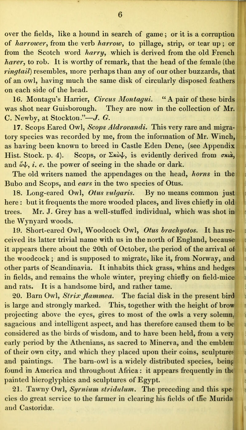 over the fields, like a hound in search of game; or it is a corruption of harrower, from the verb harrow, to pillage, sti’ip, or tear up; or from the Scotch word harry, which is derived from the old French harer, to rob. It is worthy of remark, that the head of the female (the ringtail) resembles, more perhaps than any of our other buzzards, that of an owl, having much the same disk of circularly disposed feathers on each side of the head. 16. Montagu’s Harrier, Circus Montagui. “ A pair of these birds was shot near Guisborough. They are now in the collection of Mr. C. Newby, at Stockton.”—J. G. 17. Scops Eared Owl, Scops Aldrovandi. This very rare and migra- tory species was recorded by me, from the information of Mr. Winch, as having been known to breed in Castle Eden Dene, (see Appendix Hist. Stock, p. 4). Scops, or Exui]/, is evidently derived from axia, and co-^, i. e. the power of seeing in the shade or dark. The old writers named the appendages on the head, horns in the Bubo and Scops, and ears in the two species of Otus. 18. Long-eared Owl, Otus vulgaris. By no means common just | here : but it frequents the more wooded places, and lives chiefly in old jii trees. Mr. J. Grey has a well-stuffed individual, which was shot in the Wjmyard woods. 19. Short-eared Owl, Woodcock Owl, Otus hrachyotos. It has re- ceived its latter trivial name with us in the north of England, because it appears there about the 20th of October, the period of the arrival of the woodcock; and is supposed to migrate, like it, from Norway, and other parts of Scandinavia. It inhabits thick grass, whins and hedges in fields, and remains the whole winter, preying chiefly on field-mice and rats. It is a handsome bird, and rather tame. 20. Barn Owl, Stria: Jlammea. The facial disk in the present bird is large and strongly marked. This, together with the height of brow projecting above the eyes, gives to most of the owls a very solemn, sagacious and intelligent aspect, and has therefore caused them to be considered as the birds of wisdom, and to have been held, from a ver^ early period by the Athenians, as sacred to Minerva, and the emblem of their own city, and which they placed upon their coins, sculptures and paintings. The barn-owl is a widely distributed species, being ! found in America and throughout Africa: it appears frequently in tht painted hieroglyphics and sculptures of Egypt. 21. Tawny Owl, Syrnium. stridiilum. The preceding and this spe cies do great service to the farmer in clearing his fields of the Murida and Castorida).