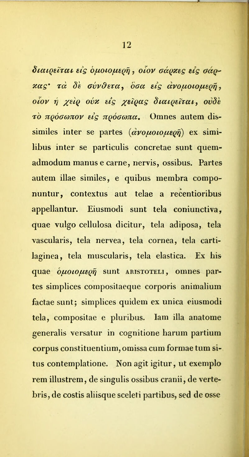 biaiQurat, eig b^oiOfu.qfi, oiov Gcc(>xeg ecg aaq- y.ag' rd de Gvvd^era^ baa eig dvof^oiofieqfj, oiov ri x^Iq ovx eig diaiqeiratf ovde t6 nQOGconov eig TiqoGana, Omnes autem dis- similes inter se partes {dvofioiofieqif) ex simi- libus inter se particulis concretae sunt quem- admodum manus e carne, nervis, ossibus. Partes autem illae similes, e quibus membra compo- nuntur, contextus aut telae a recentioribus appellantur. Eiusmodi sunt tela coniunctiva, quae vulgo cellulosa dicitur, tela adiposa, tela vascularis, tela nervea, tela cornea, tela carti- laginea, tela muscularis, tela elastica. Ex his quae bfioiofj-eqii sunt aristoteli, omnes par- tes simplices compositaeque corporis animalium factae sunt; simplices quidem ex unica eiusmodi tela, compositae e pluribus. lam illa anatome generalis versatur in cognitione harum partium corpus constituentium, omissa cum formae tum si- tus contemplatione. Non agit igitur, ut exemplo rem illustrem, de singulis ossibus cranii, de verte- bris, de costis aliisque sceleti partibus, sed de osse