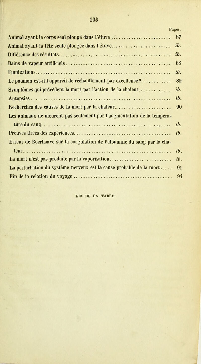 Pages. Animal ayant le corps seul plongé dans l’étuve 87 Animal ayant la tête seule plongée dans l’étuve ib. Différence des résultats ib. Bains de vapeur artificiels 88 Fumigations ib. Le poumon est-il l’appareil de réchauffement par excellence ?. 89 Symptômes qui précèdent la mort par l’action de la chaleur ib. Autopsies ib. Recherches des causes de la mort par la chaleur 90 Les animaux ne meurent pas seulement par l’augmentation de la tempéra- ture du sang ib. Preuves tirées des expériences ib. Erreur de Boerliaave sur la coagulation de l’albumine du sang par la cha- leur ib. La mort n’est pas produite par la vaporisation. ib. La perturbation du système nerveux est la cause probable de la mort 91 Fin de la relation du voyage 94 FIN DE LA TABLE.