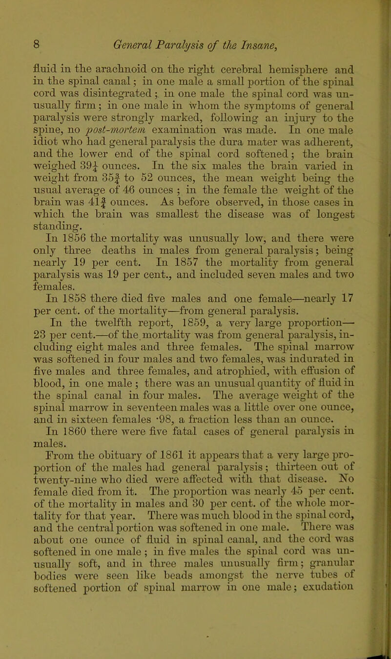 fluid in tlie araclinoid on the right cerebral hemisphere and in the spinal canal; in one male a small portion of the spinal cord was disintegrated in one male the spinal cord was un- usually firm; in one male in whom the symptoms of general paralysis were strongly marked, following an injury to the spine, no post-mortem examination was made. In one male idiot who had general paralysis the dura mater was adherent, and the lower end of the spinal cord softened; the brain weighed 39 ounces. In the six males the brain varied in weight from 35f to 52 ounces, the mean weight being the usual average of 46 ounces ; in the female the weight of the brain was 41 £ ounces. As before observed, in those cases in which the brain was smallest the disease was of longest standing. In 1856 the mortality was unusually low, and there were only three deaths in males from general paralysis; being nearly 19 per cent. In 1857 the mortality from general paralysis was 19 per cent., and included seven males and two females. In 1858 there died five males and one female—nearly 17 per cent, of the mortality—from general paralysis. In the twelfth report, 1859, a very large proportion— 23 per cent.—of the mortality was from general paralysis, in- cluding eight males and three females. The spinal marrow was softened in four males and two females, was indurated in five males and three females, and atrophied, with effusion of blood, in one male ; there was an unusual quantity of fluid in the spinal canal in four males. The average weight of the spinal marrow in seventeen males was a little over one ounce, and in sixteen females ’98, a fraction less than an ounce. In 1860 there were five fatal cases of general paralysis in males. From the obituary of 1861 it appears that a very large pro- portion of the males had general paralysis; thirteen out of twenty-nine who died were affected with that disease. No female died from it. The proportion was nearly 45 per cent, of the mortality in males and 30 per cent, of the whole mor- tality for that year. There was much blood in the spinal cord, and the central portion was softened in one male. There was about one ounce of fluid in spinal canal, and the cord was softened in one male ; in five males the spinal cord was un- usually soft, and in three males unusually firm; granular bodies wei’e seen like beads amongst the nerve tubes of softened portion of spinal marrow in one male; exudation