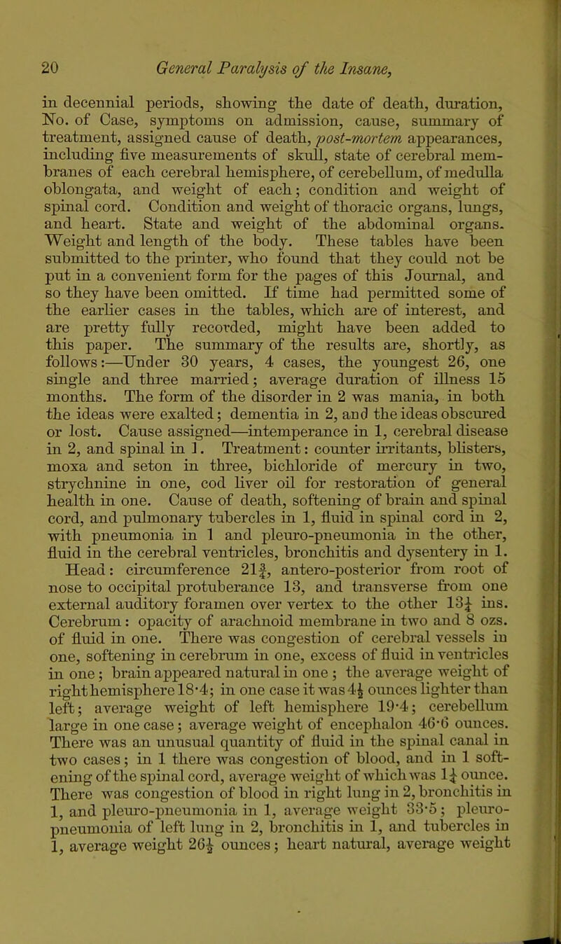 in decennial periods, showing the date of death, duration, No. of Case, symptoms on admission, cause, summary of treatment, assigned cause of death, 'post-mortem appearances, including five measurements of skull, state of cerebral mem- branes of each cerebral hemisphere, of cerebellum, of medulla oblongata, and weight of each; condition and weight of spinal cord. Condition and weight of thoracic organs, lungs, and heart. State and weight of the abdominal organs. Weight and length of the body. These tables have been submitted to the printer, who found that they could not be put in a convenient form for the pages of this Journal, and so they have been omitted. If time had permitted some of the earlier cases in the tables, which are of interest, and are pretty fully recorded, might have been added to this paper. The summary of the results are, shortly, as follows:—Under 30 years, 4 cases, the youngest 26, one single and three married; average duration of illness 15 months. The form of the disorder in 2 was mania, in both the ideas were exalted; dementia in 2, and the ideas obscured or lost. Cause assigned—intemperance in 1, cerebral disease in 2, and spinal in 1. Treatment: counter irritants, blisters, moxa and seton in three, bichloride of mercury in two, strychnine in one, cod liver oil for restoration of general health in one. Cause of death, softening of brain and spinal cord, and pulmonary tubercles in 1, fluid in spinal cord in 2, with pneumonia in 1 and pleuro-pneumonia in the other, fluid in the cerebral ventricles, bronchitis and dysentery in 1. Head: circumference 2If, antero-posterior from root of nose to occipital protuberance 13, and transverse from one external auditory foramen over vertex to the other 13f ins. Cerebrum: opacity of arachnoid membrane in two and 8 ozs. of fluid in one. There was congestion of cerebral vessels in one, softening in cerebrum in one, excess of fluid in ventricles in one; brain appeared natural in one ; the average weight of right hemisphere 18*4; in one case it was4£ ounces lighter than left; average weight of left hemisphere 19*4; cerebellum large in one case; average weight of encephalon 46'6 ounces. There was an unusual quantity of fluid in the spinal canal in two cases; in 1 there was congestion of blood, and in 1 soft- ening of the spinal cord, average weight of which was If ounce. There was congestion of blood in right lung in 2, bronchitis in 1, and plem’o-pneumonia in 1, average weight 33-5; pleuro- pneumonia of left lung in 2, bronchitis in 1, and tubercles in 1, average weight 26f ounces; heart natural, average weight