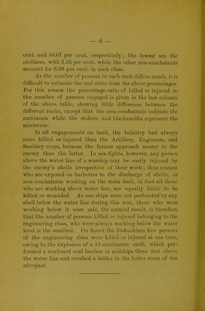 cent, and 10.07 per cent, respectively ; the lowest are the civilians, with 2.35 per cent, while the other non-combatants account for G.38 per cent, in each class. As the number of persons in each rank differs much, it is difficult to estimate the real ratio from the above percentages. For this reason the percentage-ratio of killed or injured to the number of persons engaged is given in the last column of the above table, showing little difference between the different ranks, except that the non-combatants indicate the maximum while the stokers and blacksmiths represent the minimum. In all engagements on land, the Infantry had always more killed or injured than the Artillery, Engineers, and Sanitary corps, because the former approach nearer to the enemy than the latter. In sea-fights, however, any person above the water line of a warship may be easily injured by the enemy’s shells irrespective of their work ; thus seamen who are exposed on barbettes to the discharge of shells, or non-combatants working on the main deck, in fact all those who are working above water line, are equally liable to be killed or wounded. As our ships were not perforated by any shell below the Avater line during this war, those Avho were Avorking beloAV it were safe, the natural result, is therefore that the number of persons killed or injured belonging to the engineering class, Avho were always Avorking below the water O O' %f O hmd is the smallest. On board the Itskushima five persons of the engineering class Avcre killed or injured at one time, owing to the explosion of a 15 centimetre shell, which per- forated a starboard coal bunker in midships three feet above the water line and crushed a ladder in the boiler room of the afterpart.