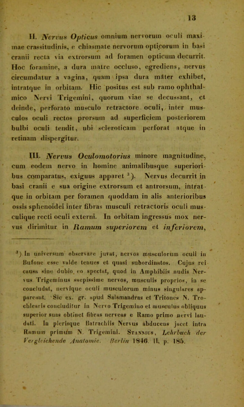 ia II. Ner rus Opticus omnium nervorum oculi maxi mae crassitudinis, e chiasmate nervorum opticorum in basi cranii recta via extrorsum ad foramen opticum decurrit. Hoc foramine, a dura matre occluso, egrediens, nervus circumdatur a vagina, quam ipsa dura mrtter exhibet, intratque in orbitam. Hic positus est sub ramo ophthal- mico Nervi Trigemini, quorum viae se decussant, et deinde, perforato musculo retractore oculi, inter mus- culos oculi rectos prorsum ad superficiem posteriorem bulbi oculi tendit, ubi scleroticam perforat atque in retinam dispergitur. III. Nervus Oculomotorius minore magnitudine, cum eodem nervo in homine animalibusque superiori bus comparatus, exiguus apparet 3). Nervus decurrit in basi cranii e sua origine extrorsum et antrorsum, intrat que in orbitam per foramen quoddam in alis anterioribus ossis sphenoidei inter fibras musculi retractoris oculi mus- culique recti oculi externi. In orbitam ingressus mox ner- vus dirimitur in Hamum superiorem et inferiorem, 3) In universum obsenare juvat, nervos musculorum oculi in Bufone esse valde tenues et quasi subordinatos. Cujus rei causa sine dubio, eo spectat, quod in Amphibiis nudis Ner- vus Trigeminus saepissime nervos, musculis proprios, in se concludat, nervique oculi musculorum minus singulares ap- pareant. Sic ex. gr. apud Salamandras et Tritones N. Tro- chlearis concluditur in Nervo Trigemino et musculus obliquus superior suas obtinet libras nerveas e Hamo primo nervi lau- dati. In plerisque Bafrachiis Nervus abducens jacet intra Ramum primi/m N. Trigemini. Stanmus, Lekrbuch der Verglvichen.de Anatomie. tterlin 1840. II, p. 185. \ %