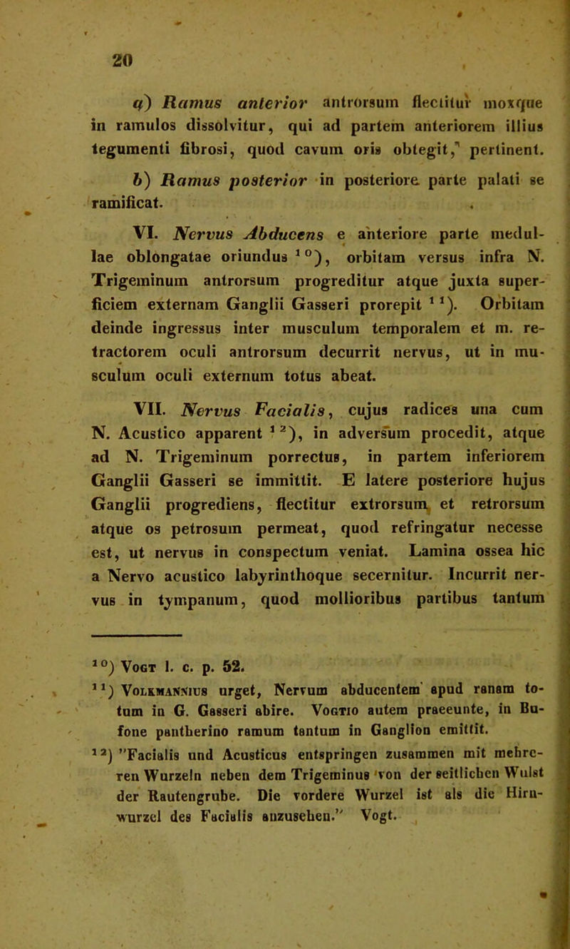 # q) Ramus anterior antrorsum flectitur moxque in ramulos dissolvitur, qui ad partem anteriorem illius tegumenti fibrosi, quod cavum oris obtegit,’1 pertinent. b) Ramus posterior in posteriore parte palati se ramificat. VI. Nervus Abducens e anteriore parte medul- lae oblongatae oriundus 10), orbitam versus infra N. Trigeminum antrorsum progreditur atque juxta super- ficiem externam Ganglii Gasseri prorepit 11). Orbitam deinde ingressus inter musculum temporalem et m. re- tractorem oculi antrorsum decurrit nervus, ut in mu- sculum oculi externum totus abeat. VII. Nervus Facialis, cujus radices una cum N. Acustico apparent 12), in advers'um procedit, atque ad N. Trigeminum porrectus, in partem inferiorem Ganglii Gasseri se immittit. E latere posteriore hujus Ganglii progrediens, flectitur extrorsum et retrorsum atque os petrosum permeat, quod refringatur necesse est, ut nervus in conspectum veniat. Lamina ossea hic a Nervo acustico labyrinthoque secernitur. Incurrit ner- vus in tympanum, quod mollioribus partibus tantum 10) Vogt 1. c. p. 52. 1J) Volkmannius urget, Nervum abducentem apud ranam to- tum in G. Gasseri abire. Vogtio autem praeeunte, in Bu- fone pantherino ramum tantum in Ganglion emittit. 12) Facialis und Acusticus entspringen zusaromen mit mehre- renWurzeln neben dem Trigeminus'von der seitlicben Wulst der Rautengrube. Die vordere Wurzel ist ais die Hirn- wurzel des Facialis anzuseheu.’' Vogt.