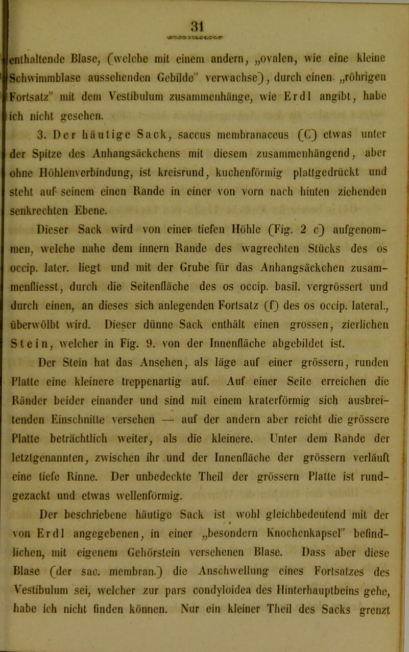 * ooc coc<r enthaltende Blase, (welche mit einem andern, „ovalen, wie eine kleine Schwimmblase aussehenden Gebilde” verwachse}, durch einen „rührigen Fortsatz mit dem Vcstibulum Zusammenhänge, wie Er dl angibt, habe ich nicht gesehen. 3. Der häutige Sack, saccus membranaceus (C) etwas unter der Spitze des Anhangsäckchens mit diesem zusammenhängend, aber ohne Höhlenverbindung, ist kreisrund, kuchenförmig plattgedrückt und steht auf seinem einen Rande in einer von vorn nach hinten ziehenden senkrechten Ebene. Dieser Sack wird von einer tiefen Höhle (Fig. 2 c) aufgenom- men, welche nahe dem innern Rande des wagrechten Stücks des os occip. later, liegt und mit der Grube für das Anhangsäckchen zusam- menfiiesst, durch die Seitenfläche des os occip. basil. vergrössert und durch einen, an dieses sich anlegenden Fortsatz (f) des os occip. lateral., überwölbt wird. Dieser dünne Sack enthält einen grossen, zierlichen Stein, welcher in Fig. 9. von der Innenfläche abgebildet ist. Der Stein hat das Ansehen, als läge auf einer grössern, runden Platte eine kleinere treppenartig auf. Auf einer Seite erreichen die Ränder beider einander und sind mit einem kraterförmig sich ausbrei- tenden Einschnitte versehen — auf der andern aber reicht die grössere Platte beträchtlich weiter, als die kleinere. Unter dem Rande der letztgenannten, zwischen ihr und der Innenfläche der grössern verläuft eine tiefe Rinne. Der unbedeckte Theil der grössern Platte ist rund- gezackt und etwas wellenförmig. Der beschriebene häutige Sack ist wohl gleichbedeutend mit der von Er dl angegebenen, in einer „besondern Knochenkapsel” befind- lichen, mit eigenem Gehörstein versehenen Blase. Dass aber diese Blase (der sac. membran.) die Anschwellung eines Fortsatzes des Vestibulum sei, welcher zur pars condyloidea des Hinterhauptbeins gehe, habe ich nicht finden können. Nur ein kleiner Theil des Sacks grenzt