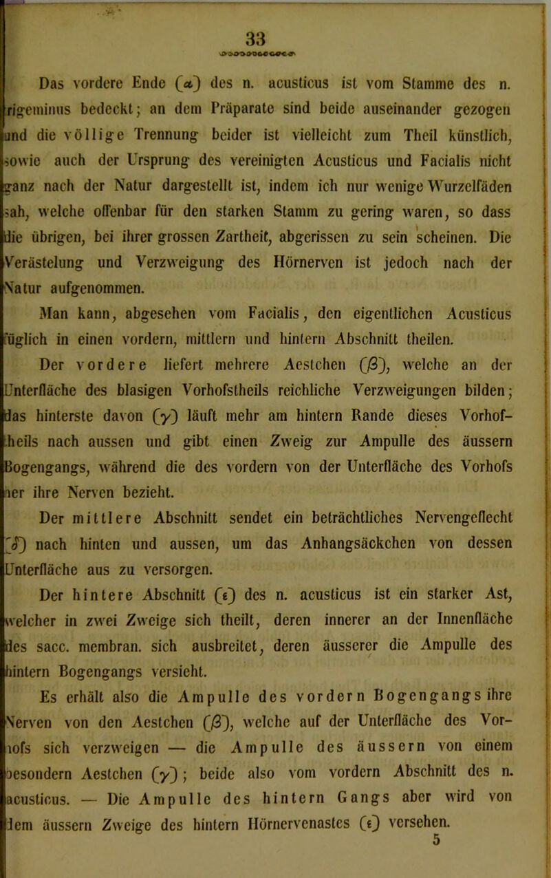 . .*A *• 33 Das vordere Ende (V) des n. acusticus ist vom Stamme des n. rigeminus bedeckt; an dem Präparate sind beide auseinander gezogen and die völlige Trennung beider ist vielleicht zum Theil künstlich, sowie auch der Ursprung des vereinigten Acusticus und Facialis nicht ganz nach der Natur dargestellt ist, indem ich nur wenige Wurzelfäden sah, welche offenbar für den starken Stamm zu gering waren, so dass die übrigen, bei ihrer grossen Zartheit, abgerissen zu sein scheinen. Die Verästelung und Verzweigung des Hörnerven ist jedoch nach der Natur aufgenommen. Man kann, abgesehen vom Facialis, den eigentlichen Acusticus uglich in einen vordem, mittlern und hintern Abschnitt theilcn. Der vordere liefert mehrere Aestchen Q3), welche an der Unterfläche des blasigen Vorhofstheils reichliche Verzweigungen bilden; das hinterste davon Qy) läuft mehr am hintern Rande dieses Vorhof- heils nach aussen und gibt einen Zweig zur Ampulle des äussern Bogengangs, während die des vordem von der Unterfläche des Vorhofs aer ihre Nerven bezieht. Der mittlere Abschnitt sendet ein beträchtliches Nervengeflecht 0?) nach hinten und aussen, um das Anhangsäckchen von dessen Unterfläche aus zu versorgen. Der hintere Abschnitt (Y) des n. acusticus ist ein starker Ast, welcher in zwei Zweige sich theilt, deren innerer an der Innenfläche des sacc. membran. sich ausbreitet, deren äusserer die Ampulle des hintern Bogengangs versieht. Es erhält also die Ampulle des vordem Bogengangs ihre Verven von den Aestchen 0/3)), welche auf der Unlerfläche des Vor- lofs sich verzweigen — die Ampulle des äussern von einem oesondern Aestchen (y); beide also vom vordem Abschnitt des n. acusticus. — Die Ampulle des hintern Gangs aber wird von
