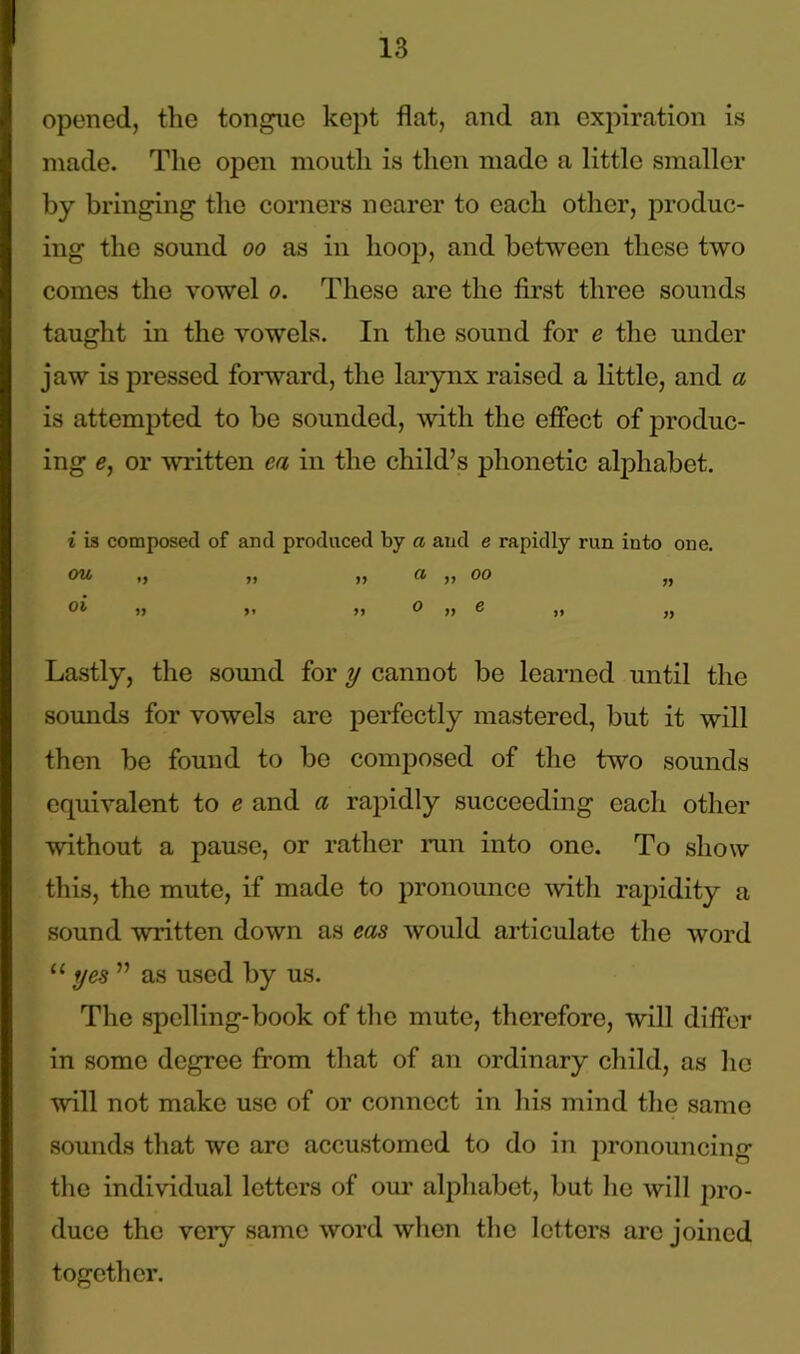 opened, the tongue kept flat, and an expiration is made. The open mouth is then made a little smaller by bringing the corners nearer to each other, produc- ing the sound oo as in hoop, and between these two comes the vowel o. These are the first three sounds taught in the vowels. In the sound for e the under jaw is pressed forward, the larynx raised a little, and a is attempted to be sounded, with the effect of produc- ing e, or written ca in the child’s phonetic alphabet. i is composed of and produced by a and e rapidly run into one. ou ,, ,, ,, a ,, oo ,, jj >t >> 0 » e )» ,, Lastly, the sound for y cannot be learned until the sounds for vowels are perfectly mastered, but it will then be found to be composed of the two sounds equivalent to e and a rapidly succeeding each other without a pause, or rather run into one. To show this, the mute, if made to pronounce with rapidity a sound written down as cas would articulate the word u yes ” as used by us. The spelling-book of the mute, therefore, will differ in some degree from that of an ordinary child, as he will not make use of or connect in his mind the same sounds that we arc accustomed to do in pronouncing the individual letters of our alphabet, but he will pro- duce the veiy same word when the letters are joined together.