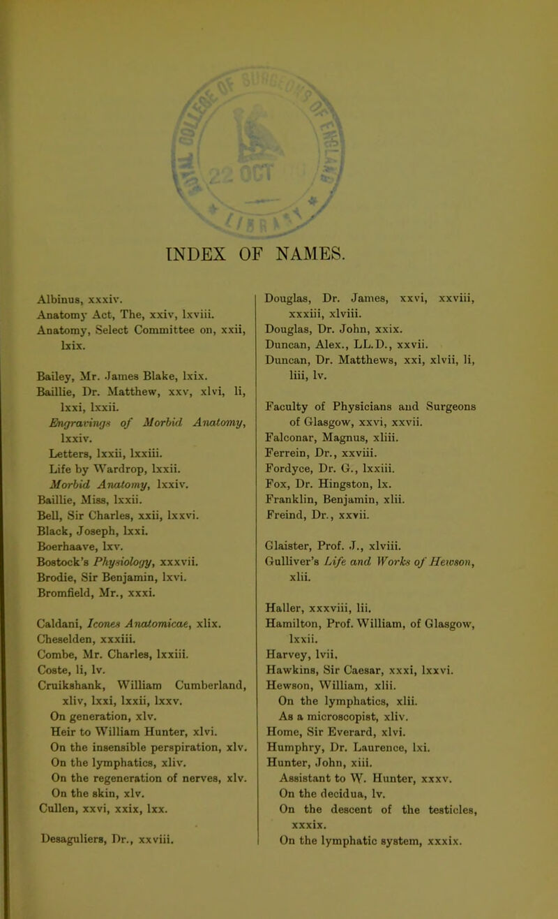 INDEX OF NAMES. Albinus, xxxiv. Anatomy Act, The, xxiv, lxviii. Anatomy, Select Committee on, xxii, lxix. Bailey, Mr. James Blake, lxix. Baillie, Dr. Matthew, xxv, xlvi, li, lxxi, lxxii. Engraving* of Morbid Anatomy, lxxiv. Letters, lxxii, lxxiii. Life by Wardrop, lxxii. Morbid Anatomy, lxxiv. Baillie, Miss, lxxii. Bell, Sir Charles, xxii, lxxvi. Black, Joseph, lxxi. Boerhaave, lxv. Bostock’s Physiology, xxxvii. Brodie, Sir Benjamin, lxvi. Bromfield, Mr., xxxi. Caldani, leones Anatomicae, xlix. Cheselden, xxxiii. Combe, Mr. Charles, lxxiii. Coste, li, lv. Cruikshank, William Cumberland, xliv, lxxi, lxxii, lxxv. On generation, xlv. Heir to William Hunter, xlvi. On the insensible perspiration, xlv. On the lymphatics, xliv. On the regeneration of nerves, xlv. On the skin, xlv. Cullen, xxvi, xxix, lxx. Desaguliers, Dr., xxviii. Douglas, Dr. James, xxvi, xxviii, xxxiii, xlviii. Douglas, Dr. John, xxix. Duncan, Alex., LL.D., xxvii. Duncan, Dr. Matthews, xxi, xlvii, li, liii, lv. Faculty of Physicians and Surgeons of Glasgow, xxvi, xxvii. Falconar, Magnus, xliii. Ferrein, Dr., xxviii. Fordyce, Dr. G., lxxiii. Fox, Dr. Hingston, lx. Franklin, Benjamin, xlii. Freind, Dr., xxvii. Glaister, Prof. J., xlviii. Gulliver’s Life and Works of Hew son, xlii. Haller, xxxviii, lii. Hamilton, Prof. William, of Glasgow, lxxii. Harvey, lvii. Hawkins, Sir Caesar, xxxi, lxxvi. Hewson, William, xlii. On the lymphatics, xlii. As a microscopist, xliv. Home, Sir Everard, xlvi. Humphry, Dr. Laurence, lxi. Hunter, John, xiii. Assistant to W. Hunter, xxxv. On the decidua, lv. On the descent of the testicles, xxxix. On the lymphatic system, xxxix.