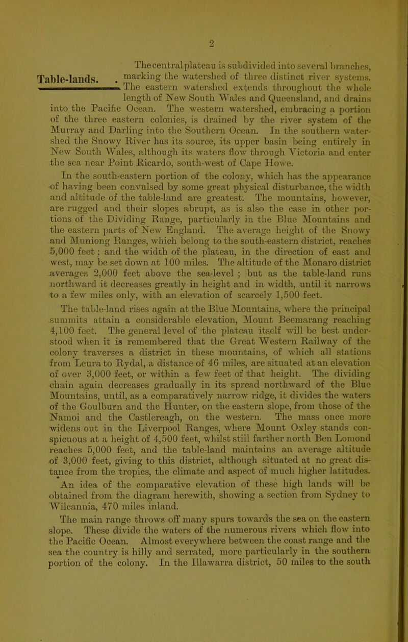 Thecentral plateau is subdivided into several branches, Tablc-liUlds. . mai'king the watershed of three distinct river systems. ———— The eastern watershed extends throughout the whole length of New South Wales and Queensland, and drains into, the Pacific Ocean. The western watershed, embracing a portion of the three eastern colonies, is drained by the river system of the Murray and Darling into the Southern Ocean. In the southern water- shed the Snowy River has its source, its upper basin being entirely in New South Wales, although its waters flow through Victoria and enter the sea near Point Ricardo, south-west of Cape Howe. In the south-eastern portion of the colony, which has the appearance of having been convulsed by some great physical disturbance, the width and altitude of the table-land are greatest. The mountains, however, are rugged and their slopes abrupt, as is also the case in other por- tions of the Dividing Range, particularly in the Blue Mountains and the eastern parts of New England. The average height of the Snowy and Muniong Ranges, which belong to the south-eastern district, reaches 5,000 feet; and the width of the plateau, in the direction of east and west, may be set down at 100 miles. The altitude of the Monaro district averages 2,000 feet above the sea-level ; but as the table-land runs northward it decreases greatly in height and in width, until it narrows to a few miles only, with an elevation of scarcely 1,500 feet. The table-land rises again at the Blue Mountains, where the principal summits attain a considerable elevation, Mount Beemarang reaching 4,100 feet. The general level of the plateau itself will be best under- stood when it is l’emembered that the Great Western Railway of the colony traverses a district in these mountains, of which all stations from Leura to Rydal, a distance of 4G miles, are situated at an elevation of over 3,000 feet, or within a few feet of that height. The dividing chain again decreases gradually in its spread northward of the Blue Mountains, until, as a comparatively narrow ridge, it divides the waters of the Goulburn and the Hunter, on the eastern slope, from those of the Namoi and the Castlereagh, on the western. The mass once more widens out in the Liverpool Ranges, where Mount Oxley stands con- spicuous at a height of 4,500 feet, whilst still farther north Ben Lomond reaches 5,000 feet, and the table-land maintains an average altitude of 3,000 feet, giving to this district, although situated at no great dis- tance from the tropics, the climate and aspect of much higher latitudes. An idea of the comparative elevation of these high lands will be obtained from the diagram herewith, showing a section from Sydney to Wilcannia, 470 miles inland. The main range throws off many spurs towards the sea on the eastern slope. These divide the waters of the numerous rivers which flow into the Pacific Ocean. Almost everywhere between the coast range and the sea the country is hilly and serrated, more particularly in the southern portion of the colony. In the Illawarra district, 50 miles to the south