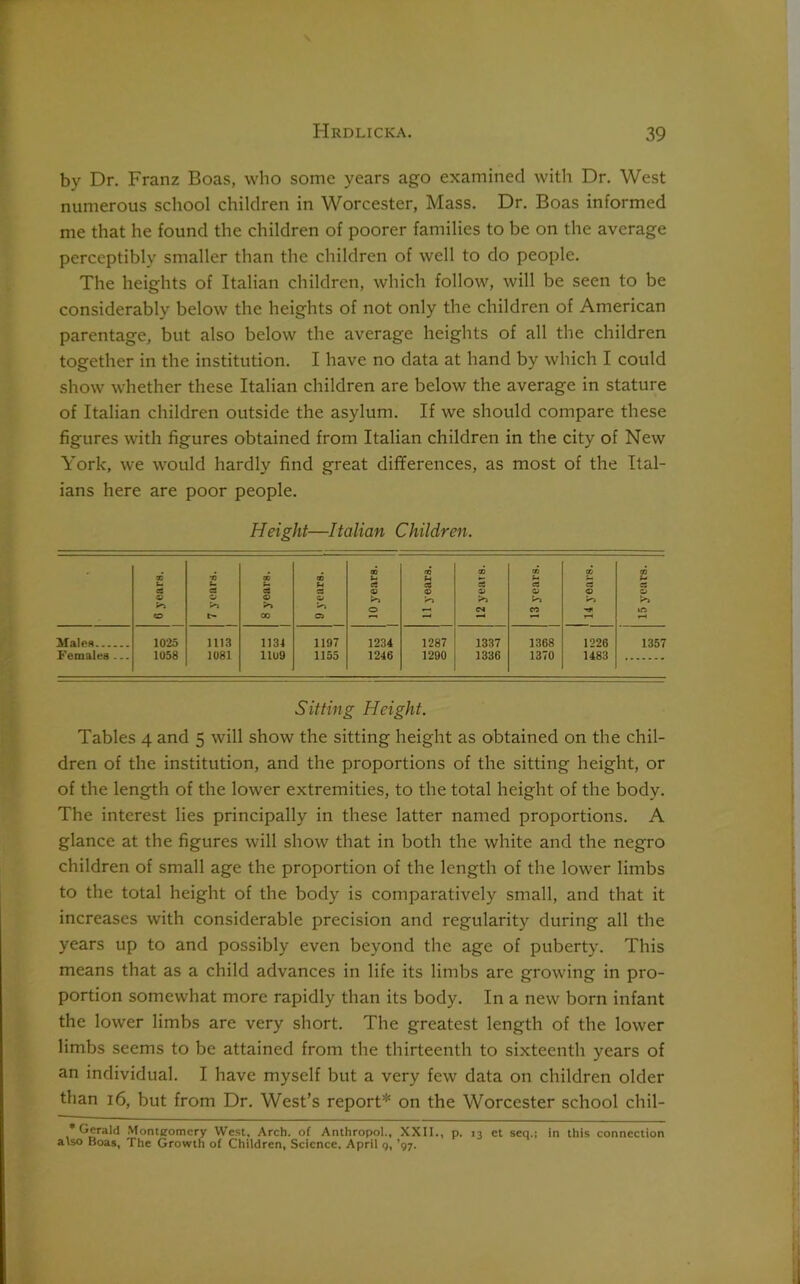 by Dr. Franz Boas, who some years ago examined with Dr. West numerous school children in Worcester, Mass. Dr. Boas informed me that he found the children of poorer families to be on the average perceptibly smaller than the children of well to do people. The heights of Italian children, which follow, will be seen to be considerably below the heights of not only the children of American parentage, but also below the average heights of all the children together in the institution. I have no data at hand by which I could show whether these Italian children are below the average in stature of Italian children outside the asylum. If we should compare these figures with figures obtained from Italian children in the city of New York, we would hardly find great differences, as most of the Ital- ians here are poor people. Height—Italian Children. • 0 years. 7 years. 1 8 years. ® u 03 Ci to 03 10 years. 11 years. 12 years. 13 years. » 5 0 to ’’3 15 years. 1025 1058 1113 1081 1134 11U9 1197 1155 1234 1246 1287 1290 1337 1336 1368 1370 1226 1483 1357 Females ... Sitting Height. Tables 4 and 5 will show the sitting height as obtained on the chil- dren of the institution, and the proportions of the sitting height, or of the length of the lower extremities, to the total height of the body. The interest lies principally in these latter named proportions. A glance at the figures will show that in both the white and the negro children of small age the proportion of the length of the lower limbs to the total height of the body is comparatively small, and that it increases with considerable precision and regularity during all the years up to and possibly even beyond the age of puberty. This means that as a child advances in life its limbs are growing in pro- portion somewhat more rapidly than its body. In a new born infant the lower limbs are very short. The greatest length of the lower limbs seems to be attained from the thirteenth to sixteenth years of an individual. I have myself but a very few data on children older than 16, but from Dr. West’s report* on the Worcester school chil- ^ Gcrjild Montgomery West, Arch, of Anthropol., XXII., p. 13 ct seq.; in this connection also Fioas, The Growth of Children, Science, April 9, ’97.