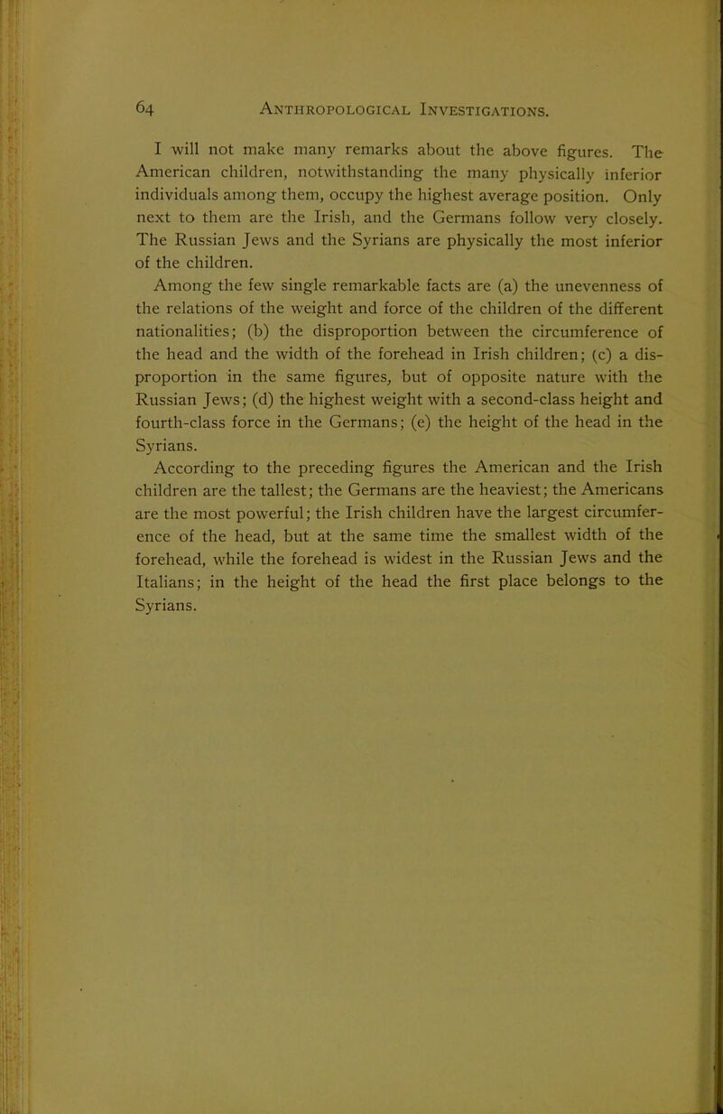 I will not make many remarks about the above figures. The American children, notwithstanding the many physically inferior individuals among them, occupy the highest average position. Only next to them are the Irish, and the Germans follow very closely. The Russian Jews and the Syrians are physically the most inferior of the children. Among the few single remarkable facts are (a) the unevenness of the relations of the weight and force of the children of the different nationalities; (b) the disproportion between the circumference of the head and the width of the forehead in Irish children; (c) a dis- proportion in the same figures, but of opposite nature with the Russian Jews ; (d) the highest weight with a second-class height and fourth-class force in the Germans; (e) the height of the head in the Syrians. According to the preceding figures the American and the Irish children are the tallest; the Germans are the heaviest; the Americans are the most powerful; the Irish children have the largest circumfer- ence of the head, but at the same time the smallest width of the forehead, while the forehead is widest in the Russian Jews and the Italians; in the height of the head the first place belongs to the Syrians.