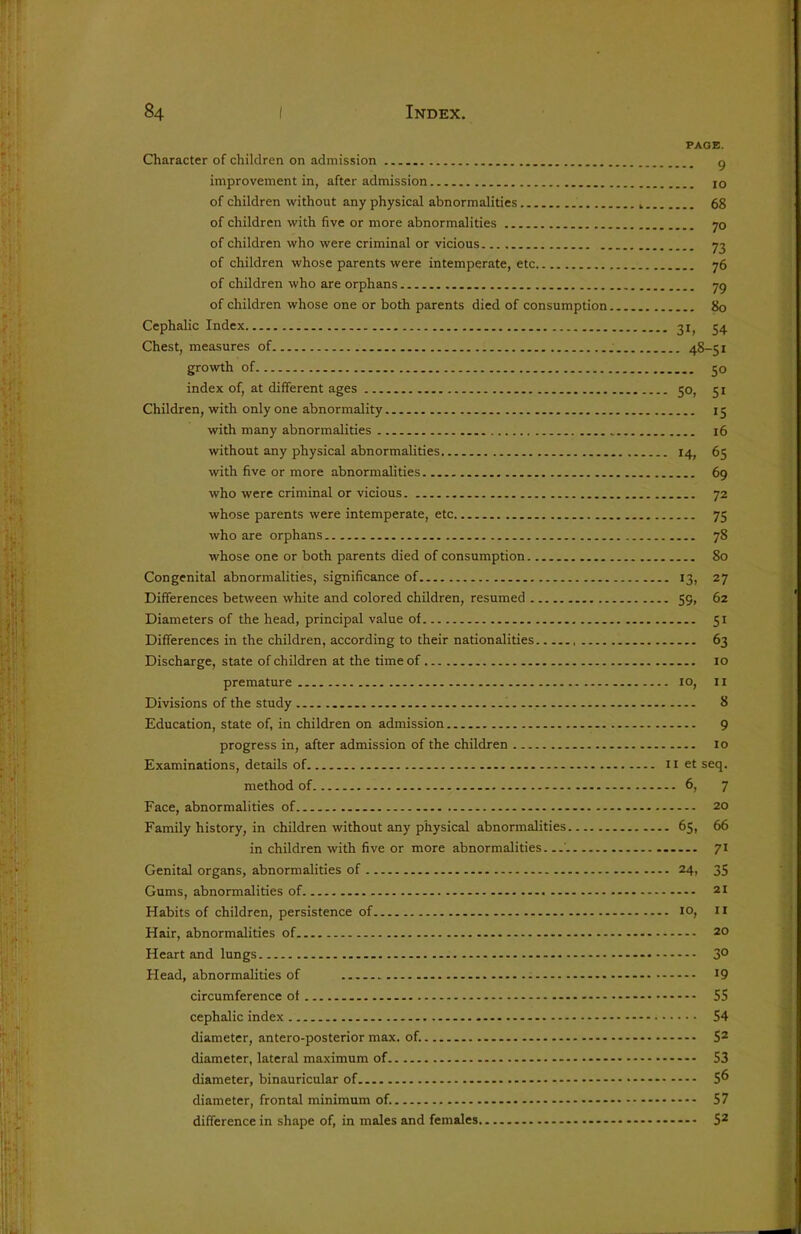 PAGE. Character of children on admission g improvement in, after admission jo of children without any physical abnormalities 68 of children with five or more abnormalities 70 of children who were criminal or vicious 73 of children whose parents were intemperate, etc 76 of children who are orphans 79 of children whose one or both parents died of consumption 80 Cephalic Index 3^ 54 Chest, measures of 48-51 growth of 30 index of, at different ages 50, 51 Children, with only one abnormality 15 with many abnormalities 16 without any physical abnormalities 14, 65 with five or more abnormalities 69 who were criminal or vicious 72 whose parents were intemperate, etc 75 who are orphans 78 whose one or both parents died of consumption 80 Congenital abnormalities, significance of 13, 27 Differences between white and colored children, resumed 59, 62 Diameters of the head, principal value of 51 Differences in the children, according to their nationalities 63 Discharge, state of children at the time of 10 premature 10, 11 Divisions of the study 8 Education, state of, in children on admission 9 progress in, after admission of the children 10 Examinations, details of 11 et seq. method of — 6, 7 Face, abnormalities of — 20 Family history, in children without any physical abnormalities 65, 66 in children with five or more abnormalities— 71 Genital organs, abnormalities of 24, 35 Gums, abnormalities of 21 Habits of children, persistence of 10, 11 Hair, abnormalities of 20 Heart and lungs - 3° Head, abnormalities of J9 circumference of 55 cephalic index 54 diameter, antero-posterior max. of. - 52 diameter, lateral maximum of 53 diameter, binauricular of - - 5^ diameter, frontal minimum of. 57 difference in shape of, in males and females - 52