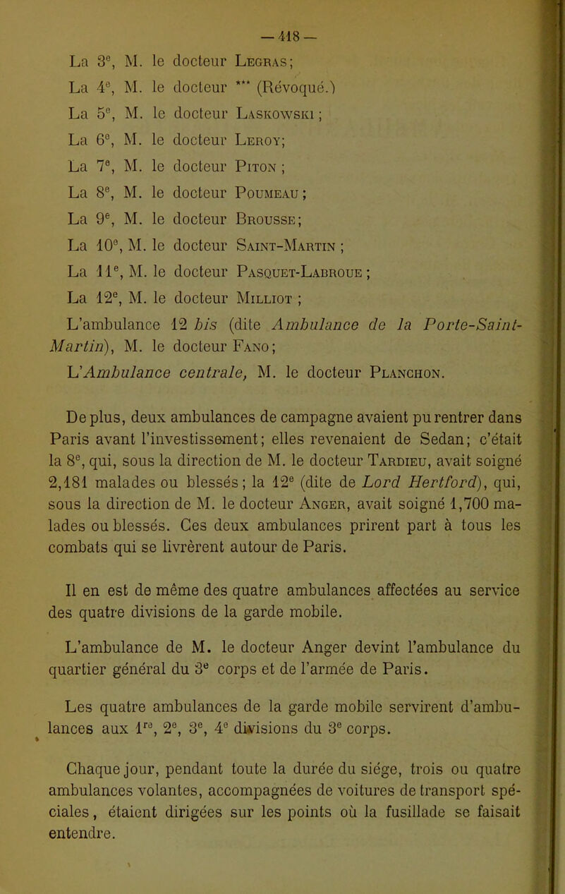 La 3e, M. le docteur Legras; La 4e, M. le docteur *** (Révoqué.') La 5e, M. le docteur Laskowski ; La 6e, M. le docteur Leroy; La 7e, M. le docteur Piton ; La 8e, M. le docteur Poumeau ; La 9e, M. le docteur Brousse; La 10e, M. le docteur Saint-Martin ; La 11e, M. le docteur Pasquet-Labroue ; La 12e, M. le docteur Milliot ; L’ambulance 12 bis (dite Ambulance de la Porte-Saint- Martin), M. le docteur Fano; L’Ambulance centrale, M. le docteur Planchon. De plus, deux ambulances de campagne avaient pu rentrer dans Paris avant l’investissement; elles revenaient de Sedan; c’était la 8e, qui, sous la direction de M. le docteur Tardieu, avait soigné 2,181 malades ou blessés; la 12e (dite de Lord Hertford), qui, sous la direction de M. le docteur Anger, avait soigné 1,700 ma- lades ou blessés. Ces deux ambulances prirent part à tous les combats qui se livrèrent autour de Paris. Il en est de même des quatre ambulances affectées au service des quatre divisions de la garde mobile. L’ambulance de M. le docteur Anger devint l’ambulance du quartier général du 3e corps et de l’armée de Paris. Les quatre ambulances de la garde mobile servirent d’ambu- lances aux lre, 2e, 3e, 4e divisions du 3e corps. Chaque jour, pendant toute la durée du siège, trois ou quatre ambulances volantes, accompagnées de voitures de transport spé- ciales , étaient dirigées sur les points où la fusillade se faisait entendre. \ •