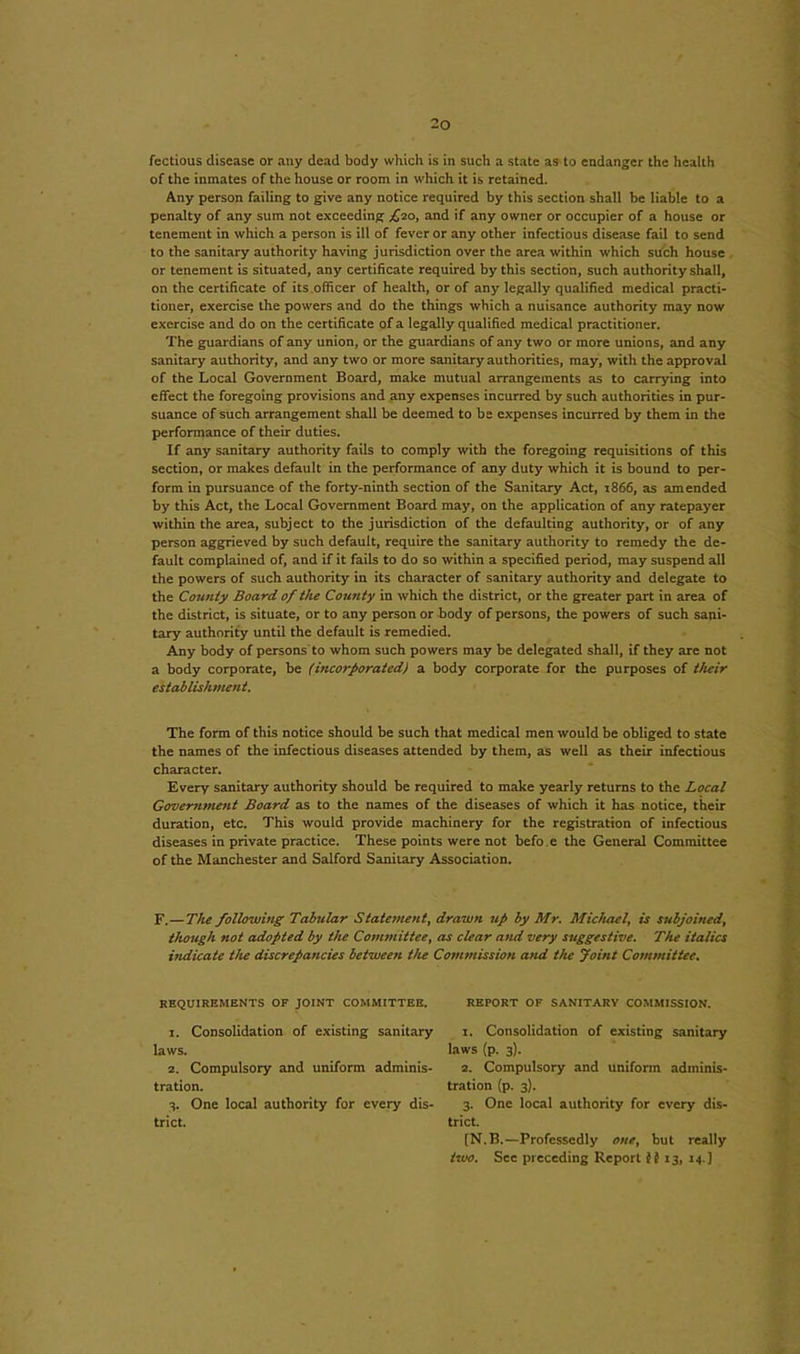 fectious disease or any dead body which is in such a state as to endanger the health of the inmates of the house or room in which it is retained. Any person failing to give any notice required by this section shall be liable to a penalty of any sum not exceeding £20, and if any owner or occupier of a house or tenement in which a person is ill of fever or any other infectious disease fail to send to the sanitary authority having jurisdiction over the area within which such house or tenement is situated, any certificate required by this section, such authority shall, on the certificate of its officer of health, or of any legally qualified medical practi- tioner, exercise the powers and do the things which a nuisance authority may now exercise and do on the certificate of a legally qualified medical practitioner. The guardians of any union, or the guardians of any two or more unions, and any sanitary authority, and any two or more sanitary authorities, may, with the approval of the Local Government Board, make mutual arrangements as to carrying into effect the foregoing provisions and any expenses incurred by such authorities in pur- suance of such arrangement shall be deemed to be expenses incurred by them in the performance of their duties. If any sanitary authority fails to comply with the foregoing requisitions of this section, or makes default in the performance of any duty which it is bound to per- form in pursuance of the forty-ninth section of the Sanitary Act, 1866, as amended by this Act, the Local Government Board may, on the application of any ratepayer within the area, subject to the jurisdiction of the defaulting authority, or of any person aggrieved by such default, require the sanitary authority to remedy the de- fault complained of, and if it fails to do so within a specified period, may suspend all the powers of such authority in its character of sanitary authority and delegate to the County Board of the County in which the district, or the greater part in area of the district, is situate, or to any person or body of persons, the powers of such sani- tary authority until the default is remedied. Any body of persons to whom such powers may be delegated shall, if they are not a body corporate, be (incorf orated) a body corporate for the purposes of their establishment. The form of this notice should be such that medical men would be obliged to state the names of the infectious diseases attended by them, as well as their infectious character. Every sanitary authority should be required to make yearly returns to the Local Government Board as to the names of the diseases of which it has notice, their duration, etc. This would provide machinery for the registration of infectious diseases in private practice. These points were not befo e the General Committee of the Manchester and Salford Sanitary Association. F.—The following Tabular Statement, drawn up by Mr. Michael, is subjoined, though not adopted by the Committee, as clear and very suggestive. The italics itidicate the discrepancies between the Commission and t)te Joint Committee. REQUIREMENTS OF JOINT COMMITTEE. 1. Consolidation of existing sanitary laws. 2. Compulsory and uniform adminis- tration. 3. One local authority for every dis- trict. REPORT OF SANITARY COMMISSION. 1. Consolidation of existing sanitary laws (p. 3). 2. Compulsory and uniform adminis- tration (p. 3). 3. One local authority for every dis- trict. [N.B.—Professedly one, but really two. See preceding Report 13, 14.]