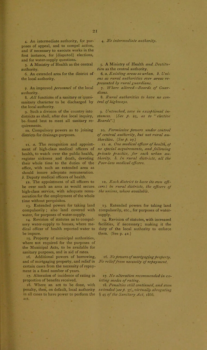 4. An intermediate authority, for pur- poses of appeal, and to compel action, and if necessary to execute works in the first instance, for [disputed] elections, and for water-supply questions. 5. A Ministry of Health as the central authority. 6. An extended area for the district of the local authority. 7. An improved personnel of the local authority. 8. A ll functions of a sanitary or quasi- sanitary character to be discharged by the local authority. 9. Such a division of the country into districts as shall, after due local inquiry, be found best to meet all sanitary re- quirements. 10. Compulsory powers as to joining districts for drainage-purposes. it. a. The recognition and appoint- ment of high-class medical officers of health, to watch over the public health, register sickness and death, devoting their whole time to the duties of the office, with such an extended area as should insure adequate remuneration. b. Deputy medical officers of health. 12. The appointment of all officers to be over such an area as would secure high-class service, with adequate remu- neration for the employment of the whole time without perquisites. 13. Extended powers for taking land compulsorily; also land covered with water, for purposes of water-supply. 14. Revision of statutes as to compul- sory water-supply to houses, where me- dical officer of health reported water to be impure. 15. Property of municipal authorities, where not required for the purposes of the Municipal Acts, to be available for sanitary purposes, and in aid of rates. 16. Additional powers of borrowing, and of mortgaging property, and relief in certain cases from the necessity of repay- ment in a fixed number of years. 17. Alteration of incidence of rating in proportion of benefits received. 18. Where an act to be done, with penalty, then, on default, local authority in all cases to have power to perform the act. «, 4. No intermediate authority. 5. A Ministry of Health and Destitu- tion as the central authority. (>. a. Existing areas as urban, b. Uni- ons as rural authorities over areas re- presented by rural guardians. 7. Where altered—Boards of Guar- dians. 8. Rural authorities to have no con- trol of highways. 9. Untouched, save in exceptional in- stances. (See p. 25, as to “elective Boards”.) 10. Permissive powers under control of central authority, but not rural au- thor ities. (Seep. 27.) 11. a. One medical officer of health, oj no special acquirements, and following private practice, for each urban au- thority. b. In rural districts, all the Poor-law medical officers. 12. Each district to have its osun offi- cers: in rural districts, the officers oj the unions, where available. 13. Extended powers for taking land compulsorily, etc., for purposes of water- supply. 14. Revision of statutes, with increased facilities, if necessary; making it the duty of the local authority to enforce them. (See p. 42.) 16. No powers of mortgaging property. No relief from necessity oj repayment. 17. No alteration recommended in ex- isting modes of rating. 18. Penalties still continued, and even extended (seep. 37), virtually abrogating § 49 «/ the Sanitary Act, 1SC6.