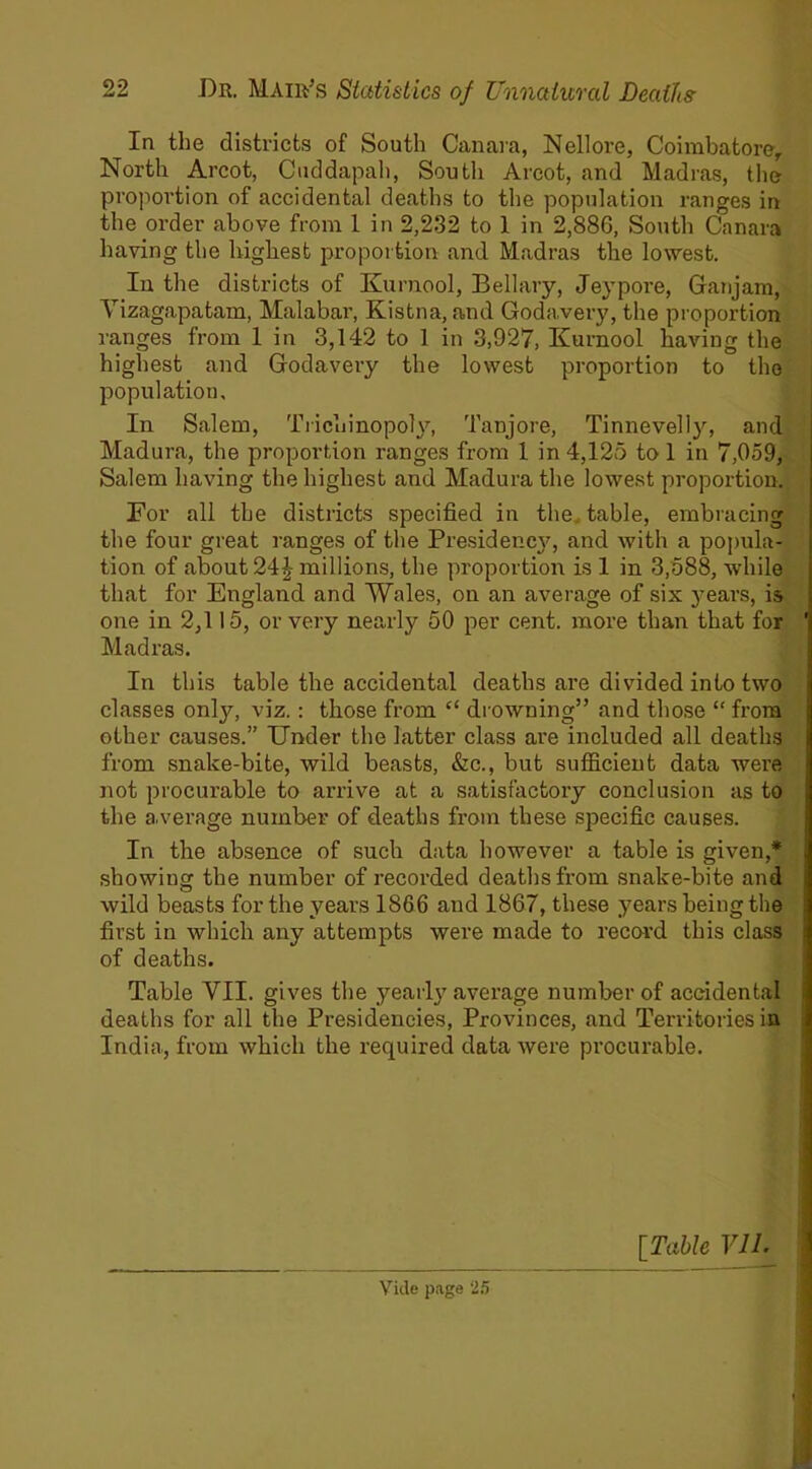 In the districts of South Canara, Nellore, Coimbatore, North Arcot, Cuddapah, South Arcot, and Madras, the proportion of accidental deaths to the population ranges in the order above from 1 in 2,232 to 1 in 2,886, South Canara having the highest proportion and Madras the lowest. In the districts of Kurnool, Bellary, Jeypore, Gan jam] Yizagapatam, Malabar, Kistna, and Godavery, the proportion ranges from 1 in 3,142 to 1 in 3,927, Kurnool having the highest and Godavery the lowest proportion to the population. In Salem, Trichinopoly, Tanjore, Tinnevelly, and Madura, the proportion ranges from 1 in 4,125 to 1 in 7,059, Salem having the highest and Madura the lowest proportion. Eor all the districts specified in the table, embracing the four great ranges of the Presidenc}7, and with a popula- tion of about 24^ millions, the proportion is 1 in 3,588, while that for England and Wales, on an average of six )’ears, is one in 2,115, or very nearly 50 per cent, more than that for Madras. In this table the accidental deaths are divided info two classes onty, viz.: those from “ drowning” and those “ from other causes.” Under the latter class are included all deaths from snake-bite, wild beasts, &c., but sufficient data were not procurable to arrive at a satisfactory conclusion as to the average number of deaths from these specific causes. In the absence of such data however a table is given,* showing the number of recorded deaths from snake-bite and wild beasts for the years 1866 and 1867, these years being the first in which any attempts were made to record this class of deaths. Table VII. gives the yearly average number of accidental deaths for all the Presidencies, Provinces, and Territories in India, from which the required data were procurable. [Table VII. Vide page 25