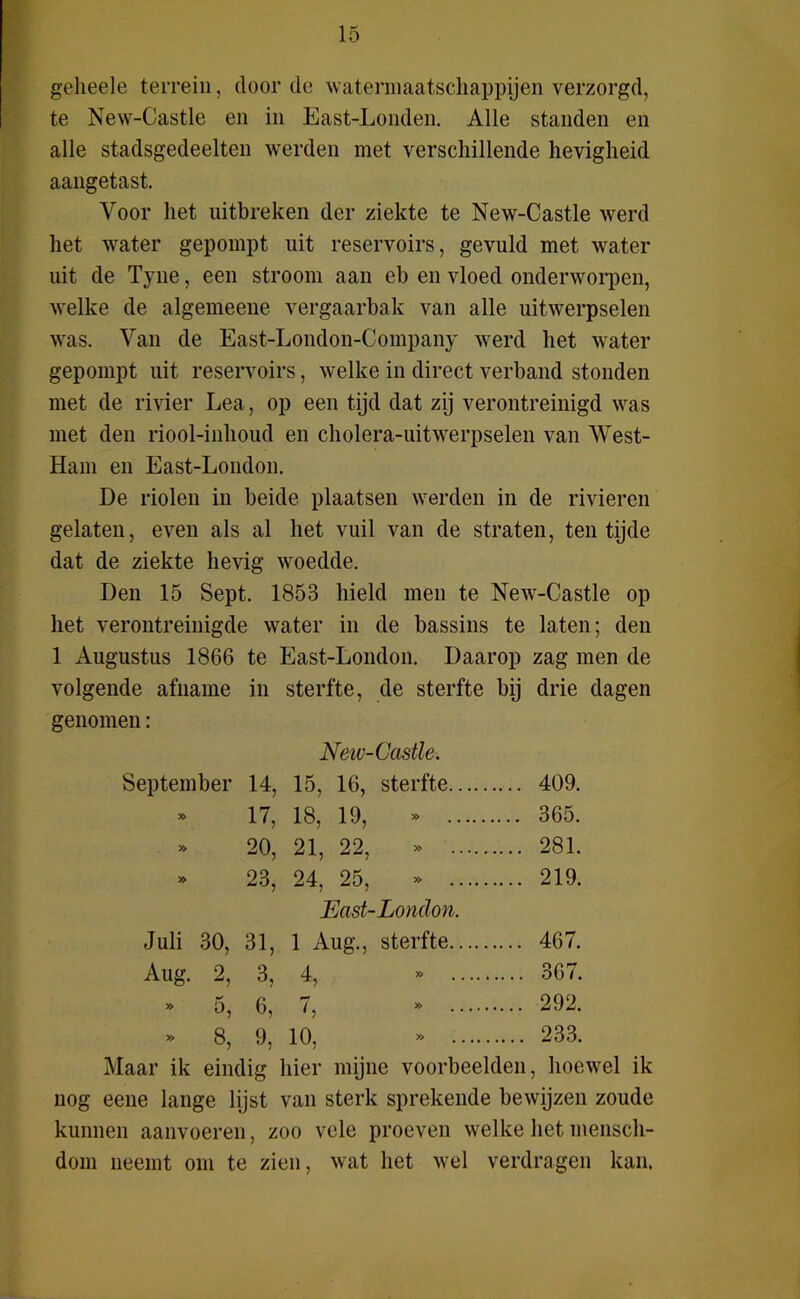 gelieele terrein, door de watermaatschappijen verzorgd, te Nevv-Castle en in East-Londen. Alle standen en alle stadsgedeelten werden met verschillende hevigheid aangetast. Voor het uitbreken der ziekte te New-Castle werd het water gepompt uit reservoirs, gevuld met water uit de Tyne, een stroom aan eb en vloed onderworpen, welke de algemeene vergaarbak van alle uitwerpselen was. Van de East-London-Company werd het water gepompt uit reservoirs, welke in direct verband stonden met de rivier Lea, op een tijd dat zij verontreinigd was met den riool-inhoud en cholera-uitwerpselen van West- Ham en East-London. De riolen in beide plaatsen werden in de rivieren gelaten, even als al het vuil van de straten, ten tijde dat de ziekte hevig woedde. Den 15 Sept. 1853 hield men te New-Castle op het verontreinigde water in de bassins te laten; den 1 Augustus 1866 te East-London. Daarop zag men de volgende afname in sterfte, de sterfte bij drie dagen genomen: New-Castle. September 14, 15, 16, sterfte 409. - 17, 18, 19, » 365. - 20, 21, 22, » 281. » 23, 24, 25, » 219. East-London. Juli 30, 31, 1 Aug., sterfte 467. Aug. 2, 3, 4, » 367. » 5, 6, 7, » 292. » 8, 9, 10, » 233. Maar ik eindig hier mijne voorbeelden, hoewel ik nog eene lange lijst van sterk sprekende bewijzen zoude kunnen aanvoeren, zoo vele proeven welke het mensch- dom neemt om te zien, wat het wel verdragen kan.