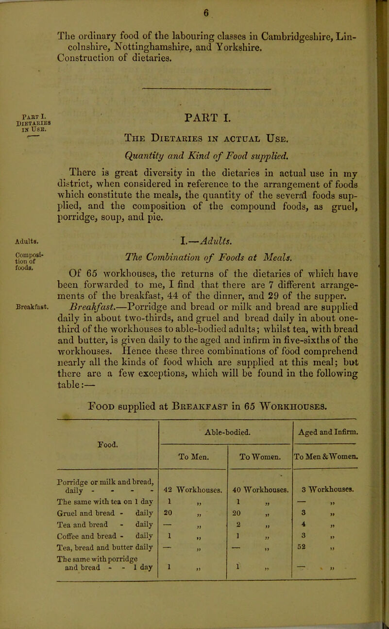 Pabt I. DlETAIilES IN USB. Adults. Composi- tion of foods. Breakfast. The ordinary food of the labouring classes in Cambridgeshire, Lin- colnshire, Nottinghamshire, and Yorkshire. Construction of dietaries. PAKT I. The Dietaries in actual Use. Quantity and Kind of Food supplied. There is great diversity in the dietaries in actual use in my district, when considered in reference to the arrangement of foods which constitute the meals, the quantity of the several foods sup- plied, and the composition of the compound foods, as gruel, porridge, soup, and pie. I.—Adults. The Combination of Foods at Meals. Of 65 workhouses, the returns of the dietaries of which have been forwarded to me, I find that there are 7 different arrange- ments of the breakfast, 44 of the dinner, and 29 of the supper. Breakfast.—Porridge and bread or milk and bread are supplied daily in about two-thirds, and gruel and bread daily in about one- third of the workhouses to able-bodied adults; whilst tea, with bread and butter, is given daily to the aged and infirm in five-sixths of the workhouses. Hence these three combinations of food comprehend nearly all the kinds of food which are supplied at this meal; but there are a few exceptions, which will be found in the following table:— Pood supplied at Breakfast in 65 Workhouses. Food. Able-bodied. Aged and Infirm. To Men. To Women. To Men & Wo men. Porridge or milk and bread, daily - 42 Workhouses. 40 Workhouses. 3 Workhouses. The same -with tea on 1 day 1 U 1 II — 99 Gruel and bread - daily 20 » 20 »> 3 99 Tea and bread - daily — >9 2 II 4 )9 Coffee and bread - daily 1 »> 1 n 3 99 Tea, bread and butter daily — )> — 19 52 19 The same with porridge and bread - - 1 day 1 II 1 91 — % II