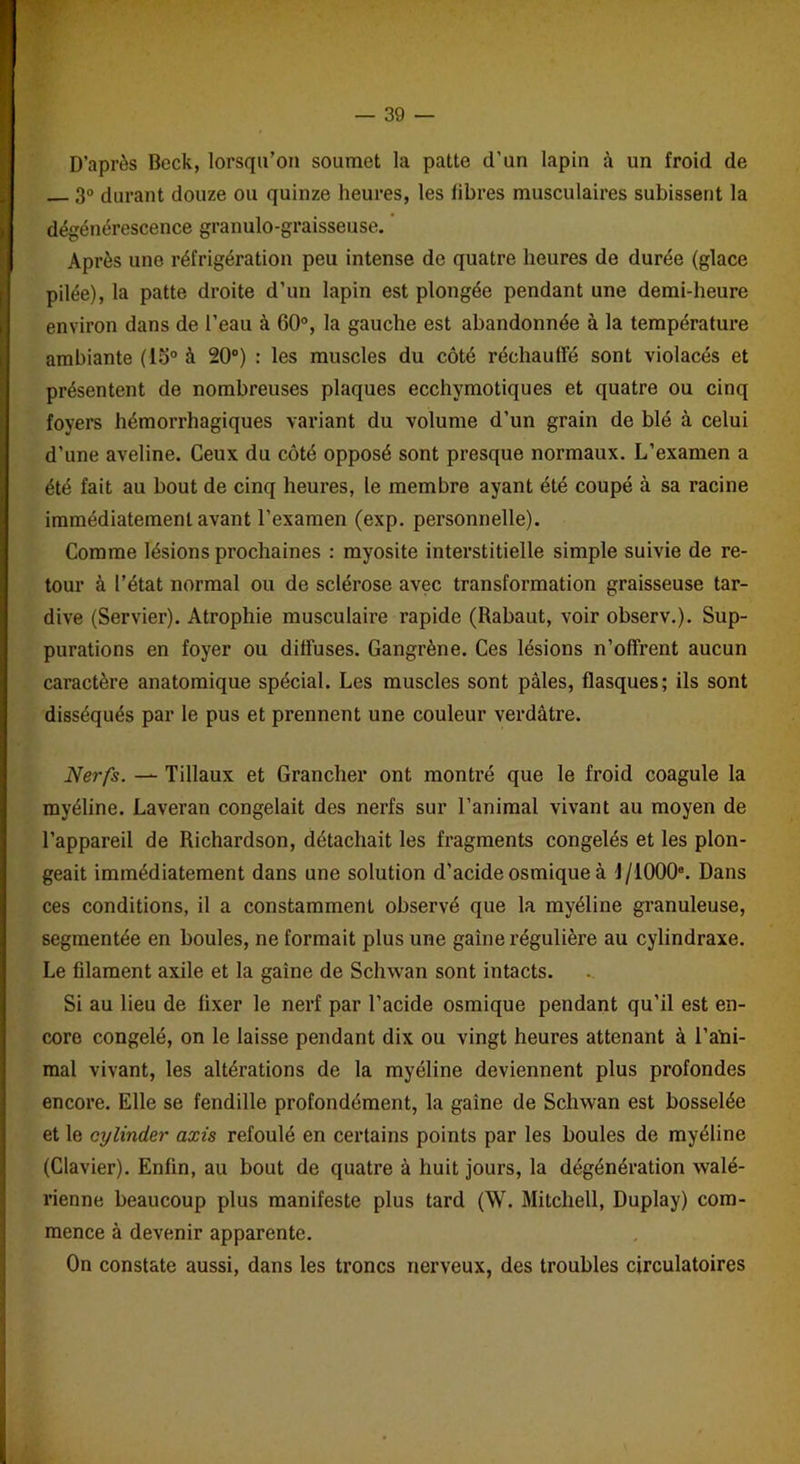 D’après Bock, lorsqu’on soumet la patte d’un lapin à un froid de 3° durant douze ou quinze heures, les libres musculaires subissent la dégénérescence granulo-graisseuse. Après une réfrigération peu intense de quatre heures de durée (glace pilée), la patte droite d’un lapin est plongée pendant une demi-heure environ dans de l’eau à 60°, la gauche est abandonnée à la température ambiante (15° à 20°) : les muscles du côté réchauffé sont violacés et présentent de nombreuses plaques ecchymotiques et quatre ou cinq foyers hémorrhagiques variant du volume d’un grain de blé à celui d’une aveline. Ceux du côté opposé sont presque normaux. L’examen a été fait au bout de cinq heures, le membre ayant été coupé à sa racine immédiatement avant l’examen (exp. personnelle). Comme lésions prochaines : myosite interstitielle simple suivie de re- tour à l’état normal ou de sclérose avec transformation graisseuse tar- dive (Servier). Atrophie musculaire rapide (Rabaut, voir observ.). Sup- purations en foyer ou diffuses. Gangrène. Ces lésions n’offrent aucun caractère anatomique spécial. Les muscles sont pâles, flasques; ils sont disséqués par le pus et prennent une couleur verdâtre. Nerfs. — Tillaux et Grancher ont montré que le froid coagule la myéline. Laveran congelait des nerfs sur l’animal vivant au moyen de l’appareil de Richardson, détachait les fragments congelés et les plon- geait immédiatement dans une solution d’acide osmique à 1/1000e. Dans ces conditions, il a constamment observé que la myéline granuleuse, segmentée en boules, ne formait plus une gaine régulière au cylindraxe. Le filament axile et la gaine de Schwan sont intacts. Si au lieu de fixer le nerf par l’acide osmique pendant qu’il est en- core congelé, on le laisse pendant dix ou vingt heures attenant à l’ahi- mal vivant, les altérations de la myéline deviennent plus profondes encore. Elle se fendille profondément, la gaine de Schwan est bosselée et le cylinder axis refoulé en certains points par les boules de myéline (Clavier). Enfin, au bout de quatre à huit jours, la dégénération walé- rienne beaucoup plus manifeste plus tard (W. Mitchell, Duplay) com- mence à devenir apparente. On constate aussi, dans les troncs nerveux, des troubles circulatoires