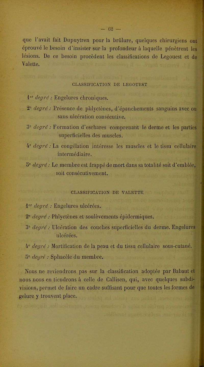 que l’avait fait Dupuytren pour la brûlure, quelques chirurgiens ont éprouvé le besoin d’insister sur la profondeur à laquelle pénètrent les lésions. De ce besoin procèdent les classifications de Legouest et de Valette. CLASSIFICATION DE LEGOUEST 1er degré : Engelures chroniques. 2e degré : Présence de phlyctènes, d’épanchements sanguins avec ou sans ulcération consécutive. 3e degré : Formation d’eschares comprenant le derme et les parties superficielles des muscles. 4e degré : La congélation intéresse les muscles et le tissu cellulaire intermédiaire. 3e degré : Le membre est frappé de mort dans sa totalité soit d’emblée, soit consécutivement. CLASSIFICATION DE VALETTE 1er degré : Engelures ulcérées. 2e degré : Phlyctènes et soulèvements épidermiques. 3e degré : Ulcération des couches superficielles du derme. Engelures ulcérées. 4e degré : Mortification de la peau et du tissu cellulaire sous-cutané. 3e deijré : Sphacèle du membre. Nous ne reviendrons pas sur la classification adoptée par Babaut et nous nous en tiendrons à celle de Callisen, qui, avec quelques subdi- visions, permet de faire un cadre suffisant pour que toutes les formes de gelure y trouvent place.