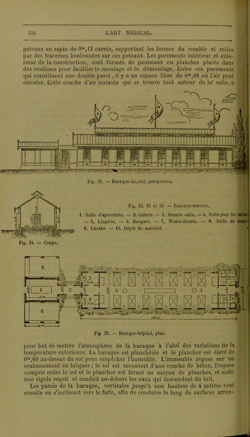 i poteaux en sapin de 0m,12 carrés, supportant les fermes du comble et reliés par des traverses boulonnées sur ces poteaux. Les parements intérieur et exté- rieur de la construction, sont formés de panneaux en planches placés dans des coulisses pour faciliter le montage et le démontage. Entre ces parements qui constituent une double paroi, il y a un espace libre de 0m,08 où l’air peut circuler. Cette couche d’air isolante qui se trouve tout autour de la' salle, a Fig. 33. — Baraque-hôpital, perspective. Fig. 34. — Coupe. Fig. 33, 34 et 35. — Baiuqee-uopital. 1. Salle d’operations. — 2. Galerie. — 3. Grande salle. — 4. Salle pour les infinr — 5. Lingerie. — G. Hangars. — 7. Water-closets. — 8. Sallo de bains 9. Lavabo. — 10. Dépôt du matériel. Fig. 35. — Baraque-hôpital, plan. pour but de mettre l’atmosphère de la baraque à l’abri des variations de la température extérieure. La baraque est planchéiée et le plancher est élevé de 0m,60 au-dessus du sol pour empêcher l’humidité. L’immeuhle repose sur un soubassement en briques ; le sol est recouvert d’une couche de béton, l’espace compris entre le sol et le plancher est fermé au moyen de planches, et enfin une rigole reçoit et conduit au-dehors les eaux qui descendent du toit. Les parois de la baraque, verticales jusqu’à une hauteur de 4 mètres vont ensuite en s’inclinant vers le faite, afin de conduire le long do surfaces arron- --7-P*—