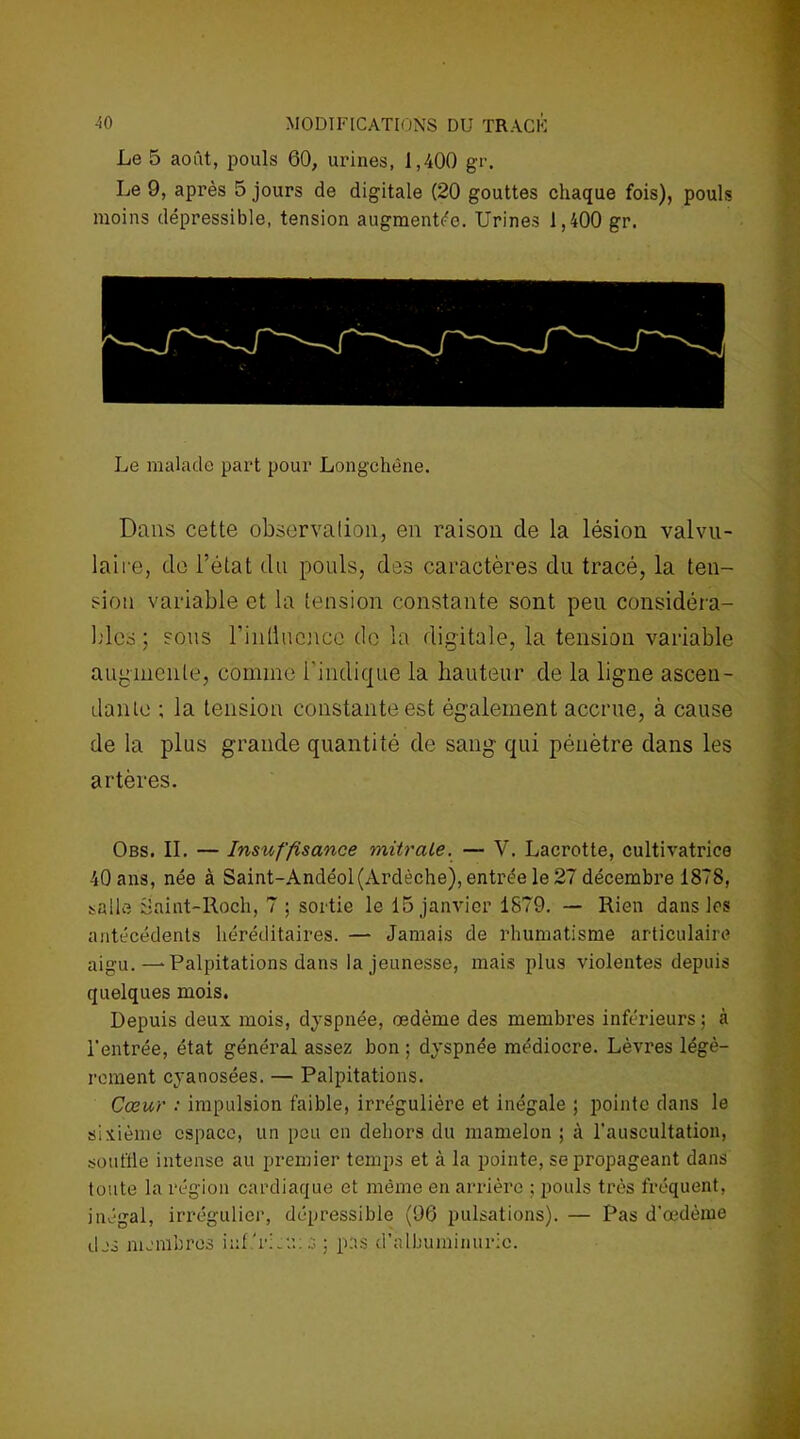 Le 5 août, pouls 60, urines, 1,400 gr. Le 9, après 5 jours de digitale (20 gouttes chaque fois), pouls moins dépressible, tension augmentée. Urines 1,400 gr. Le malade part pour Longchêne. Dans cette observation, en raison de la lésion valvu- laire, de l’état du pouls, des caractères du tracé, la ten- sion variable et la tension constante sont peu considéra- bles ; sous rintiucnce de la digitale, la tension variable augmente, comme l’indique la hauteur de la ligne ascen- dante ; la tension constante est également accrue, à cause de la plus grande quantité de sang qui pénètre dans les artères. Obs. IL — Insuffisance mitrale. — V. Lacrotte, cultivatrice 40 ans, née à Saint-Andéol (Ardèche), entrée le 27 décembre 1878, salle haint-Roch, 7 ; sortie le 15 janvier 1879. — Rien dans les antécédents héréditaires. — Jamais de rhumatisme articulaire aigu.—- Palpitations dans la jeunesse, mais plus violentes depuis quelques mois. Depuis deux mois, dyspnée, œdème des membres inférieurs; à l’entrée, état général assez bon ; dyspnée médiocre. Lèvres légè- rement cyanosées. — Palpitations. Cœur : impulsion faible, irrégulière et inégale ; pointe dans le sixième espace, un pou en dehors du mamelon ; à l'auscultation, souffle intense au premier temps et à la pointe, se propageant dans toute la région cardiaque et même en arrière ; pouls très fréquent, inégal, irrégulier, dépressible (96 pulsations). — Pas d’œdème des membres iuf.'r::u: s ; pas d’albuminurie.