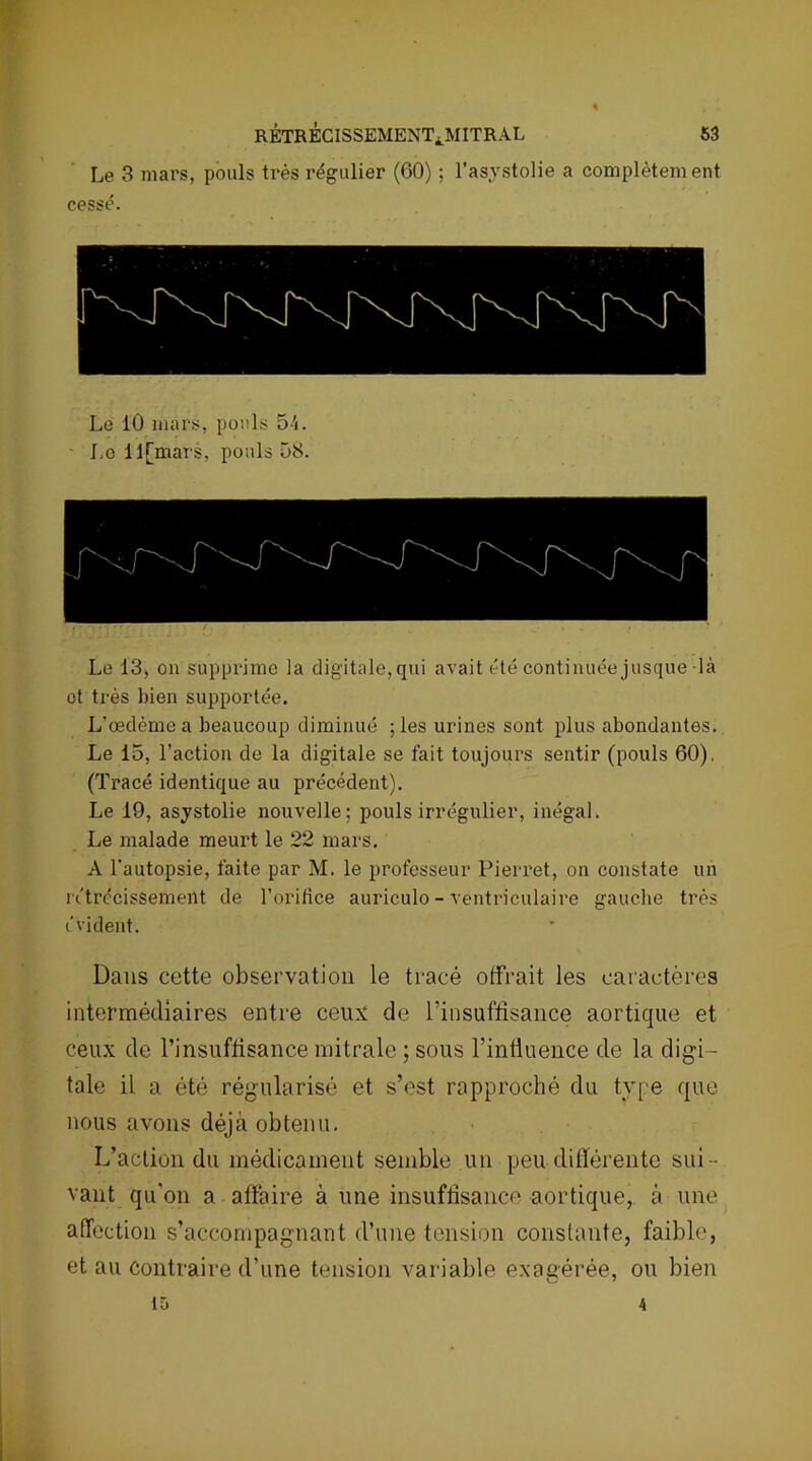 Le 3 mars, pouls très régulier (60) ; l’asvstolie a complètement cessé. Le 10 mars, pouls 54. Le 11 [mars, pouls 58. Le 13, on supprime la digitale,qui avait été continuée jusque-là et très bien supportée. L'œdème a beaucoup diminué ; les urines sont plus abondantes. Le 15, l’action de la digitale se fait toujours sentir (pouls 60), (Tracé identique au précédent). Le 19, asystolie nouvelle; pouls irrégulier, inégal. Le malade meurt le 22 mars. A l’autopsie, faite par M. le professeur Pierret, on constate un rétrécissement de l’orifice auriculo - ventriculaire gauche très évident. Dans cette observation le tracé offrait les caractères intermédiaires entre ceux de l’insuffisance aortique et ceux de l’insuffisance mitrale ; sous l’influence de la digi- tale il a été régularisé et s’est rapproché du type que nous avons déjà obtenu. L’action du médicament semble un peu différente sui- vant qu'on a affaire à une insuffisance aortique, à une affection s’accompagnant d’une tension constante, faible, et au contraire d’une tension variable exagérée, ou bien iû 4