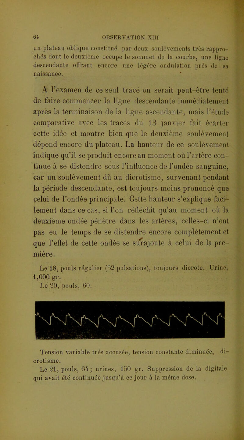 un plateau oblique constitué par deux soulèvements très rappro- chés dont le deuxième occupe le sommet de la courbe, une ligne descendante olïrant encore une légère ondulation près de sa naissance. A l’examen de ce seul tracé on serait peut-être tenté de faire commencer la ligne descendante immédiatement après la terminaison de la ligne ascendante, mais l’étude comparative avec les tracés du 13 janvier fait écarter cette idée et montre bien que le deuxième soulèvement dépend encore du plateau. La hauteur de ce soulèvement indique qu’il se produit encore au moment où l’artère con- tinue à se distendre sous l’influence de Fondée sanguine, car un soulèvement dû au dicrotisme, survenant pendant la période descendante, est toujours moins prononcé que celui de l’ondée principale. Cette hauteur s’explique faci- lement dans ce cas, si l’on réfléchit qu’au moment où la deuxième ondée pénètre dans les artères, celles-ci n’ont pas eu le temps de se distendre encore complètement et que l’effet de cette ondée se surajoute à celui de la pre- mière. Le 18, pouls régulier (52 pulsations), toujours dicrote. Urine. 1,000 gr. Le 20, pouls, 60. Tension variable très accusée, tension constante diminuée, di- crotisme. Le 21, pouls, 64; urines, 150 gr. Suppression de la digitale qui avait été continuée jusqu’à ce jour à la même dose.